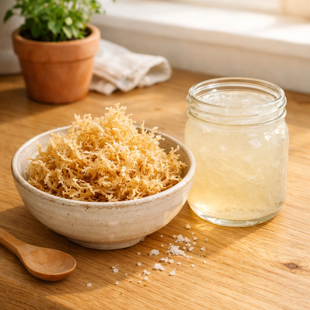 Raw wildcrafted sea moss and a clear jar of smooth gel on a kitchen counter showing how to take sea moss gel.