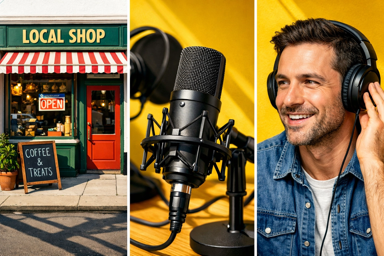 Local business podcasting setup connecting businesses with engaged listeners through audio content