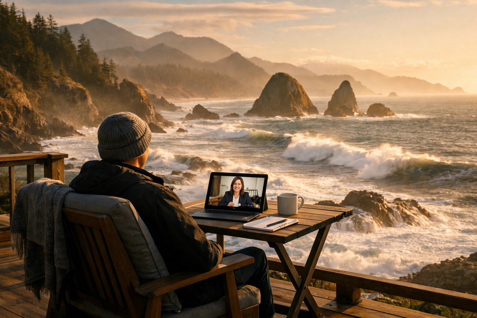 A person using a tablet for a remote notary session on a deck overlooking the rugged Oregon Coast.