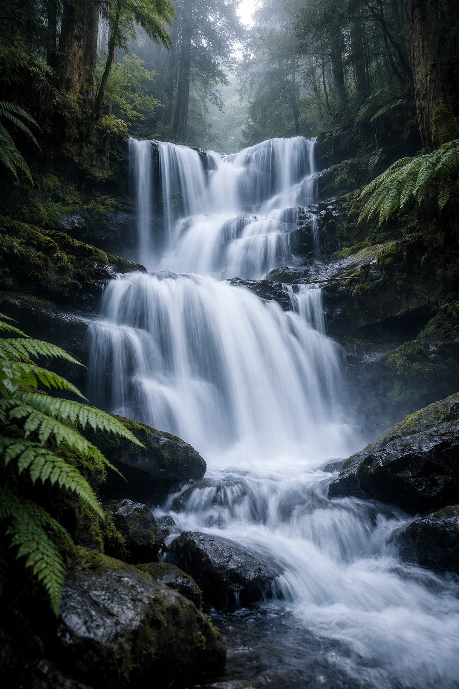 Long exposure of a waterfall illustrating shutter speed techniques for photography for beginners.
