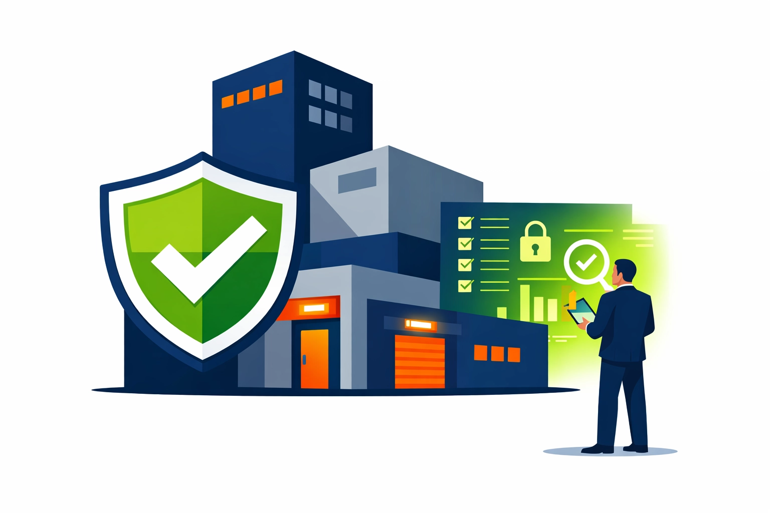 Professional security audit of a Bristol commercial building showing a protective shield for business safety.