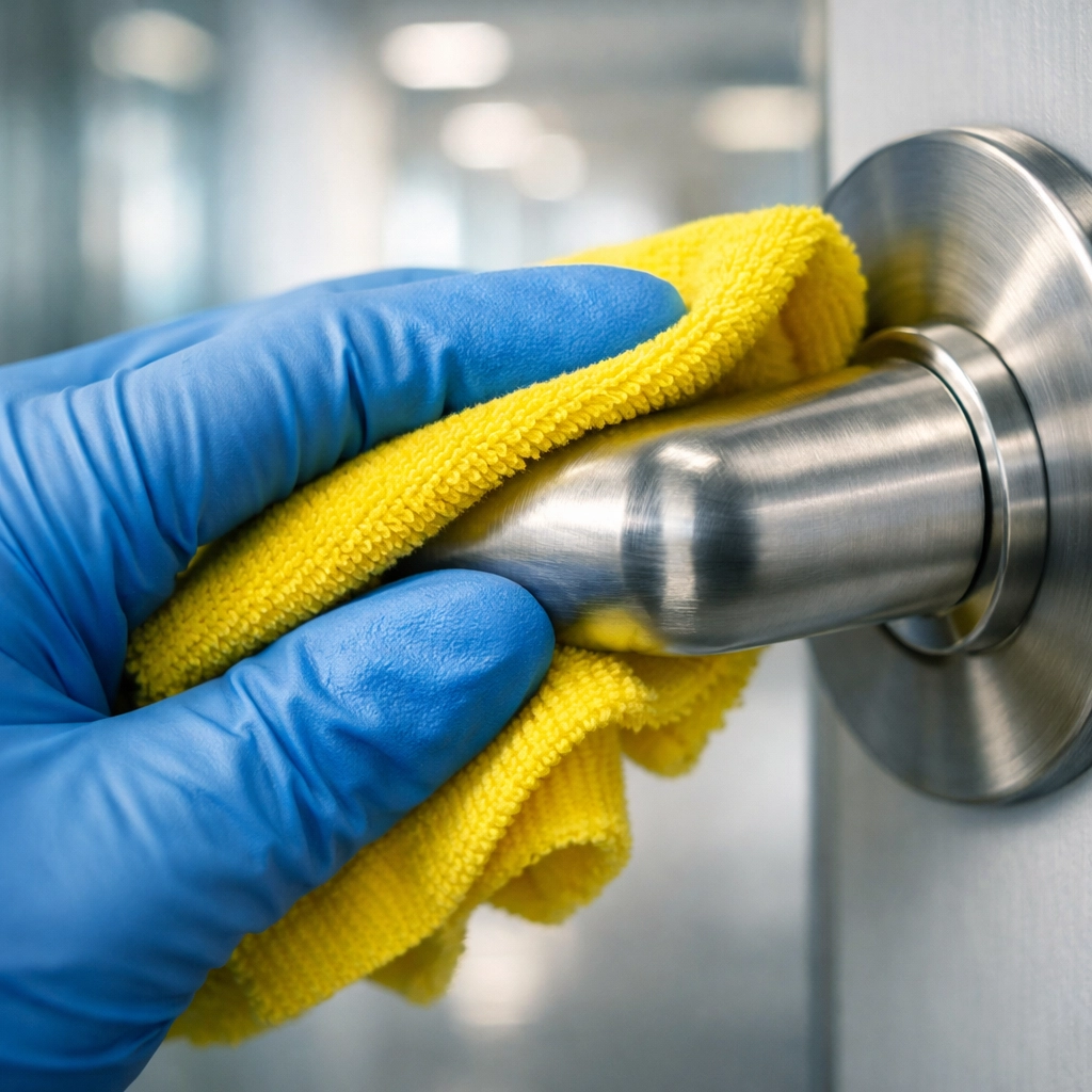 Professional office cleaning in Bedford showing a gloved hand disinfecting a metal door handle for hygiene.