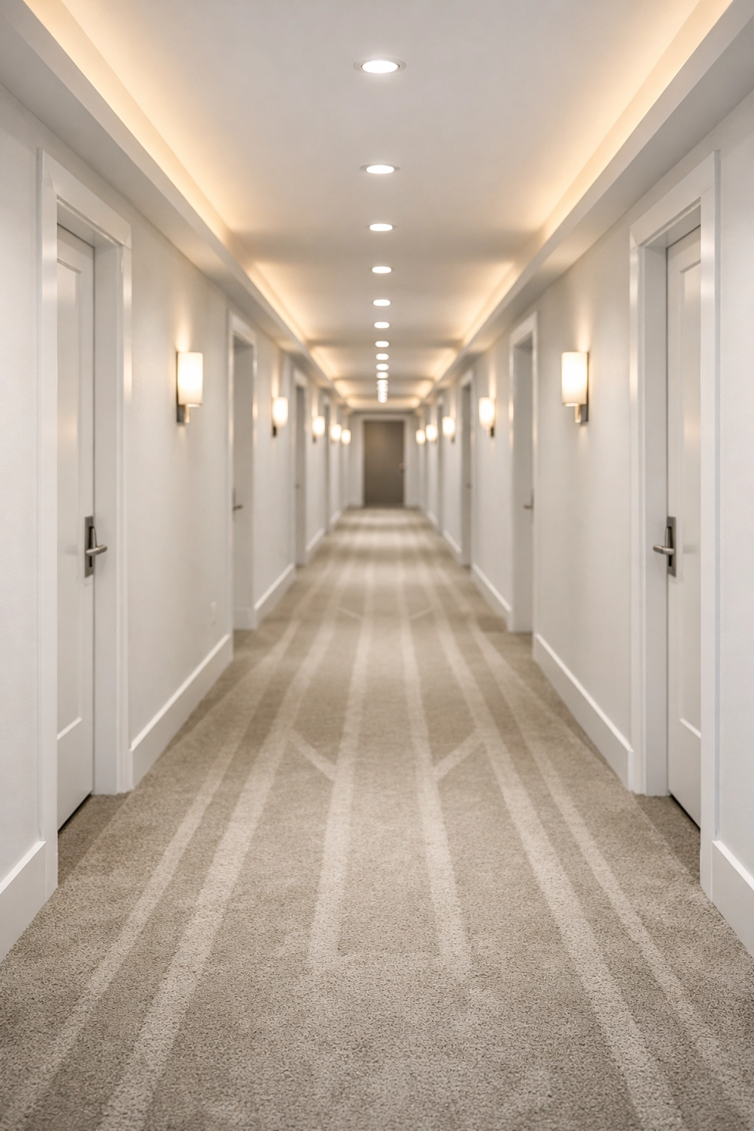 Well-maintained hallway in a luxury multifamily complex featuring clean carpets and modern lighting.