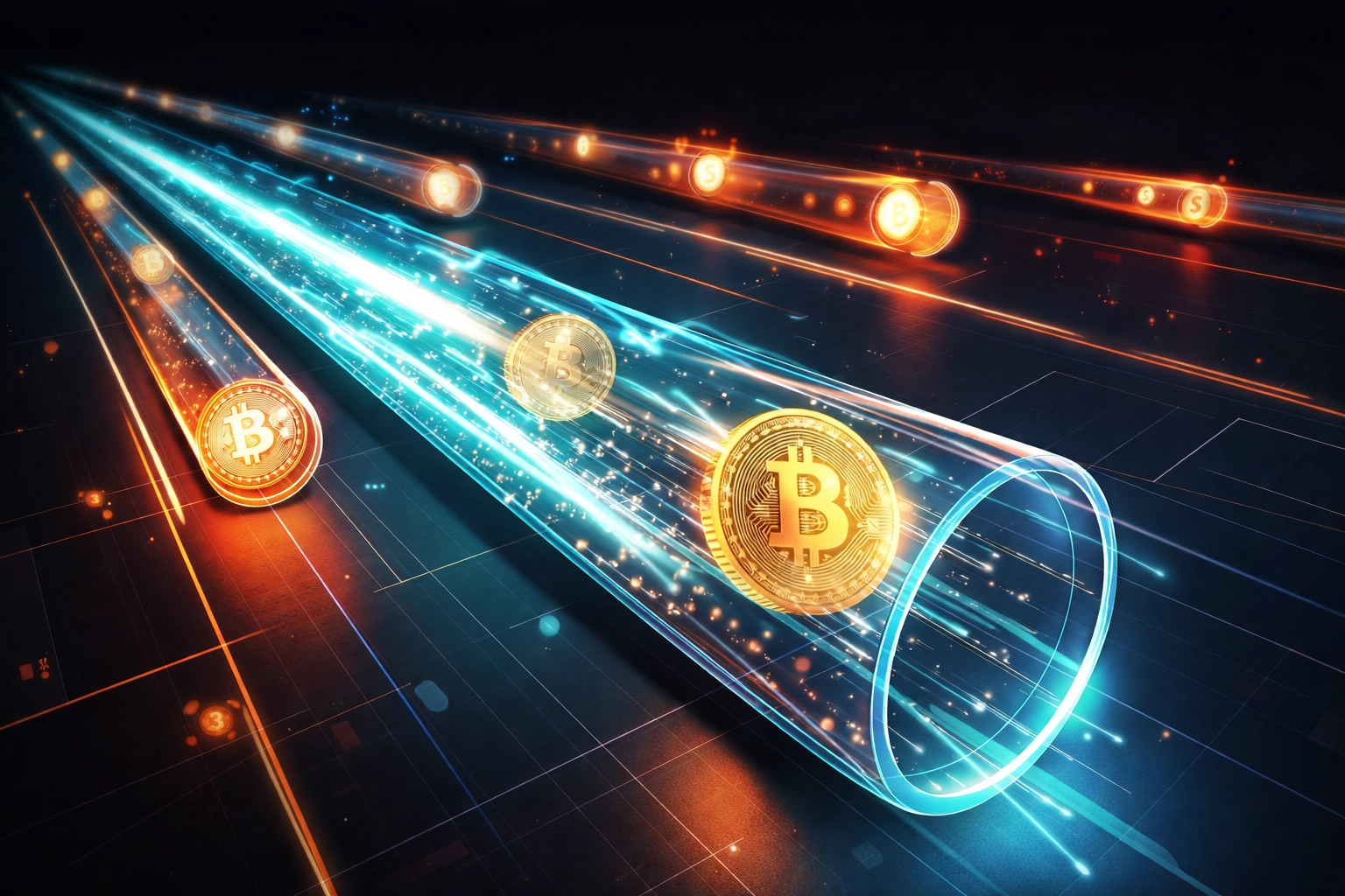 Fast cryptocurrency payments visualized with digital coins racing through tubes, highlighting Larecoin's instant transaction speed benefits.