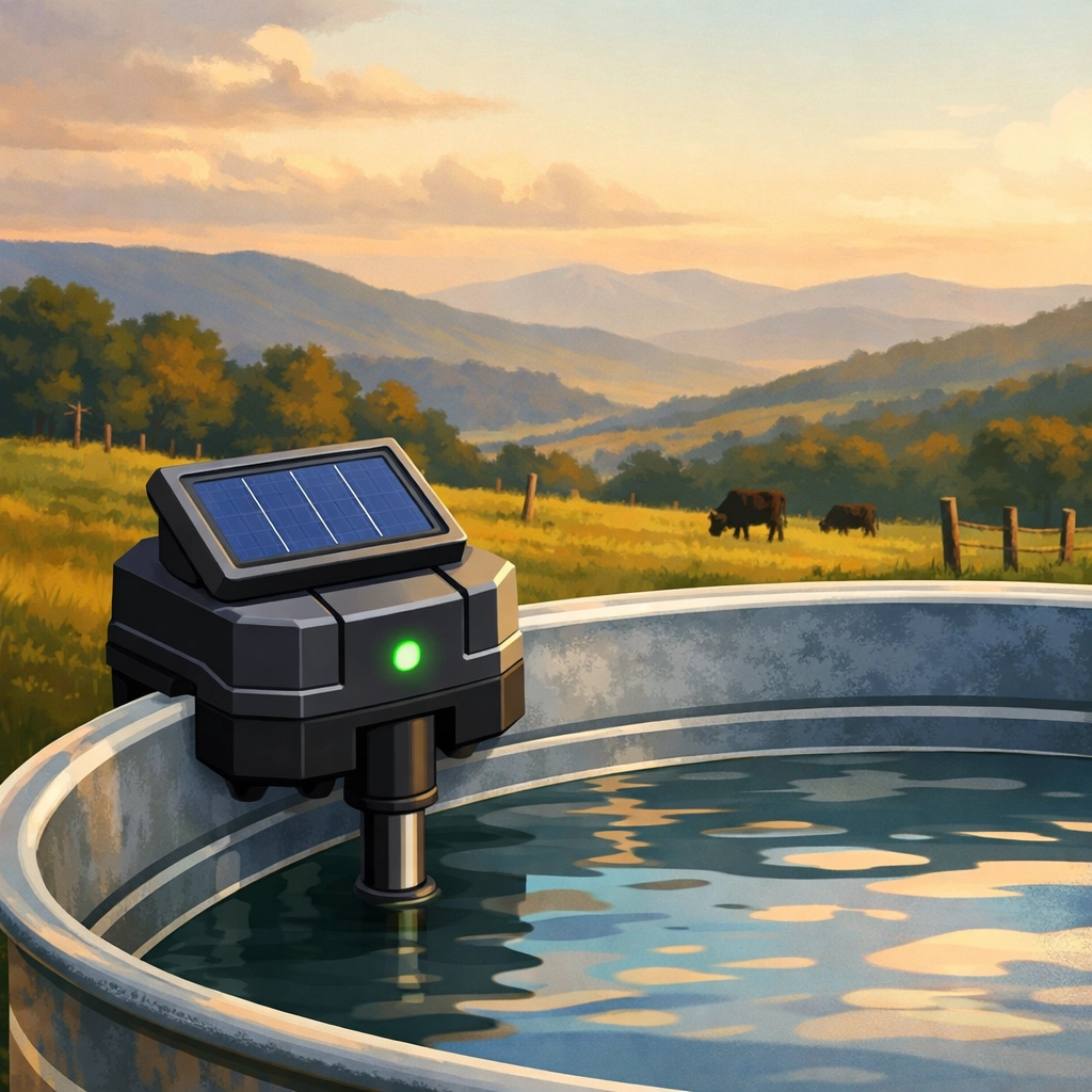 Solar-powered water sensor on a cattle trough illustrating affordable agtech for small farms.