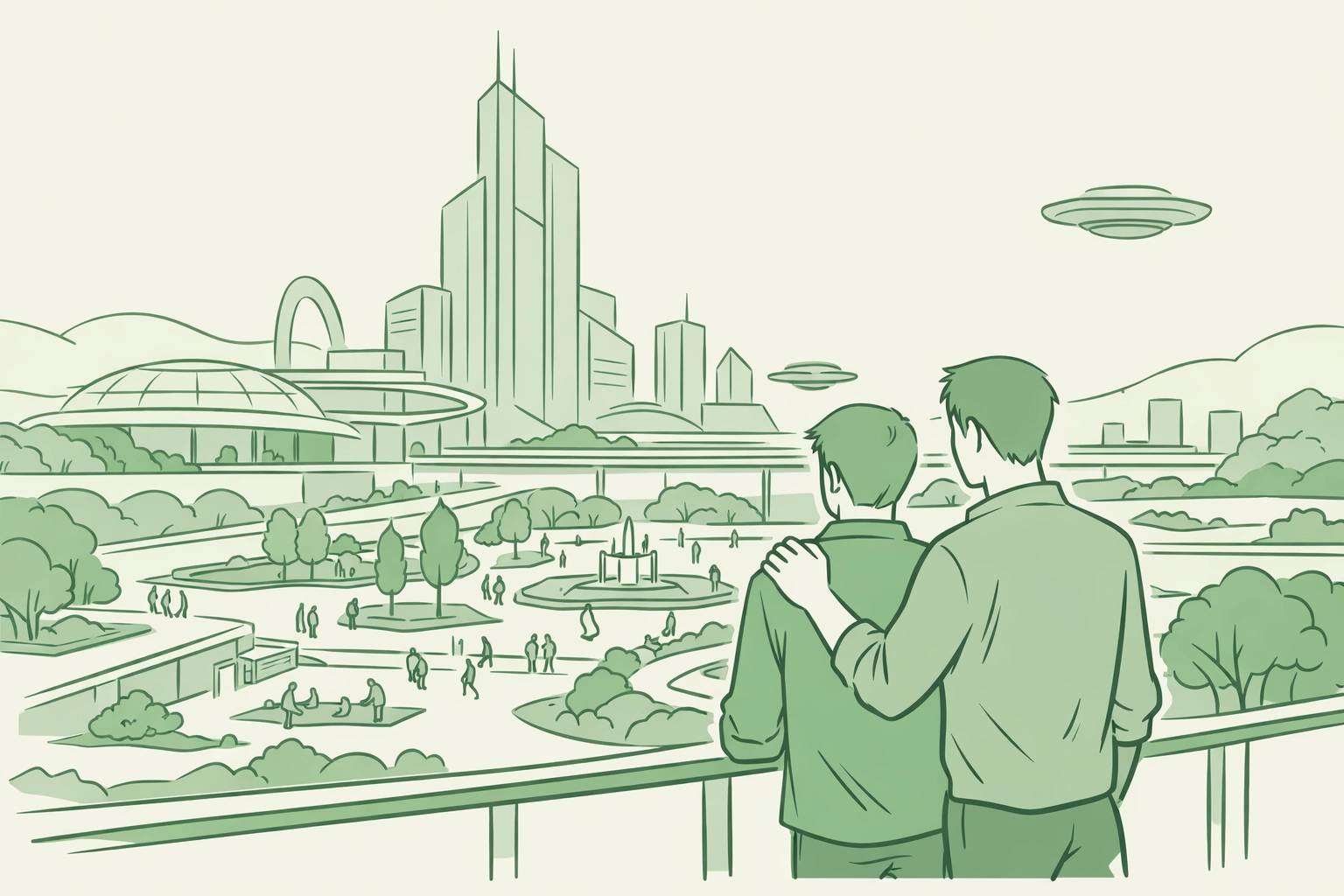 MM couple overlooks futuristic city in gay science fiction story about chosen family and legacy
