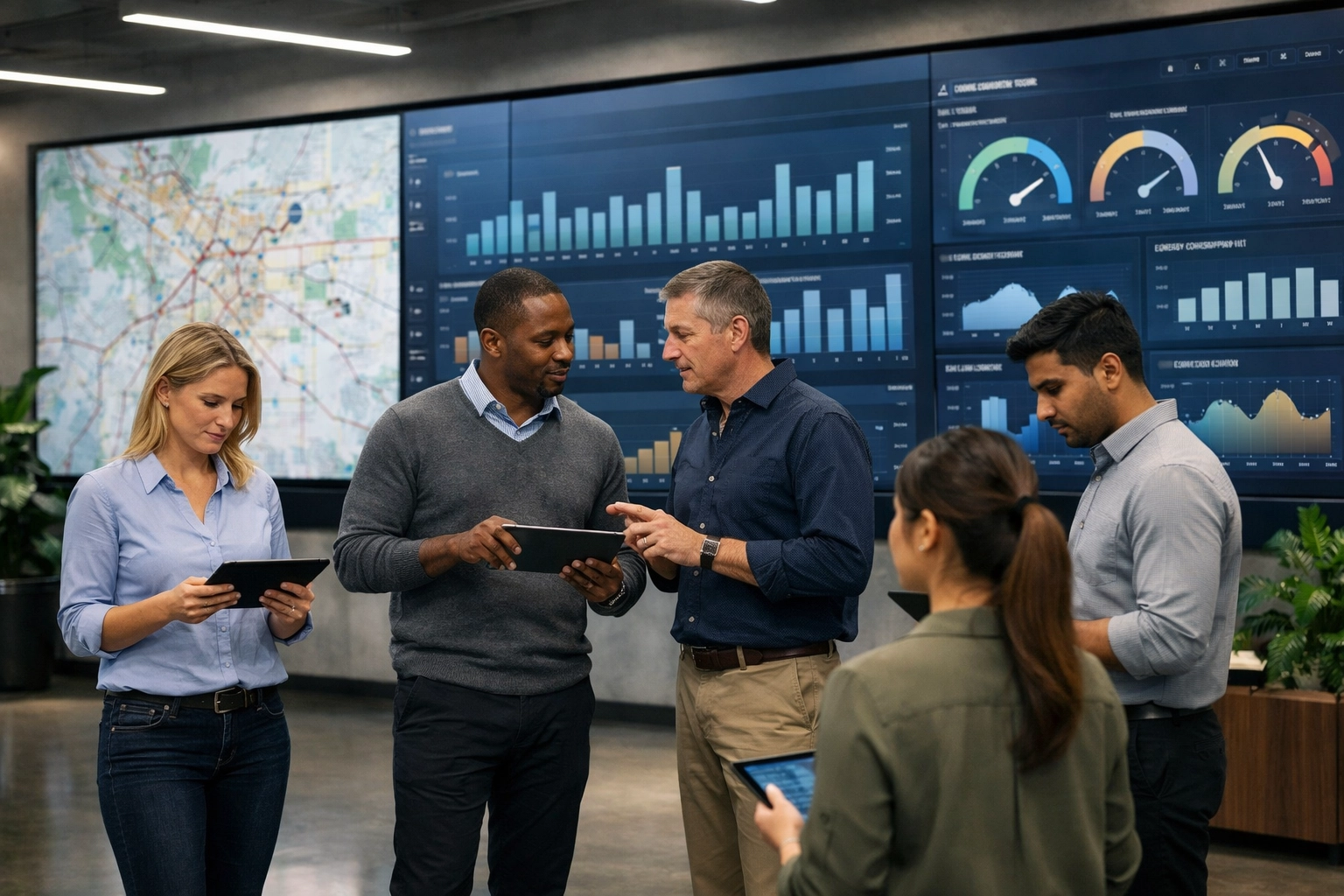 Logistics team using digital dashboards to track sustainable venue media and ESG performance metrics