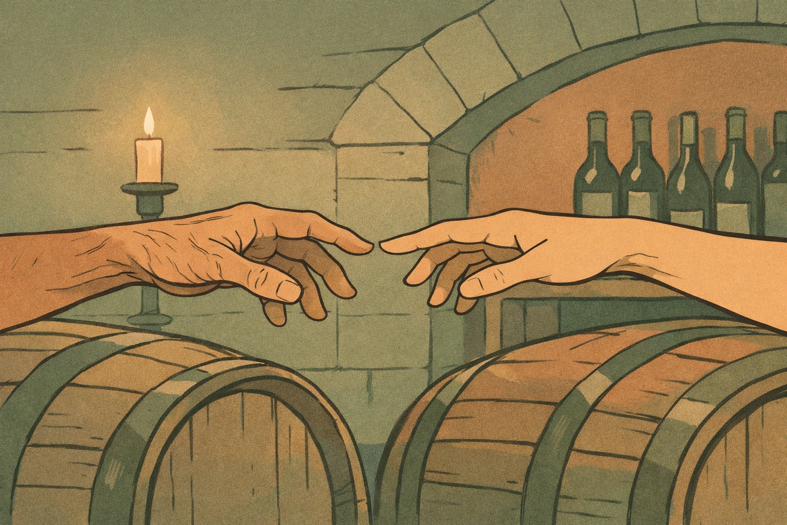 Two hands reaching across wine barrels symbolizing connection in gay historical romance