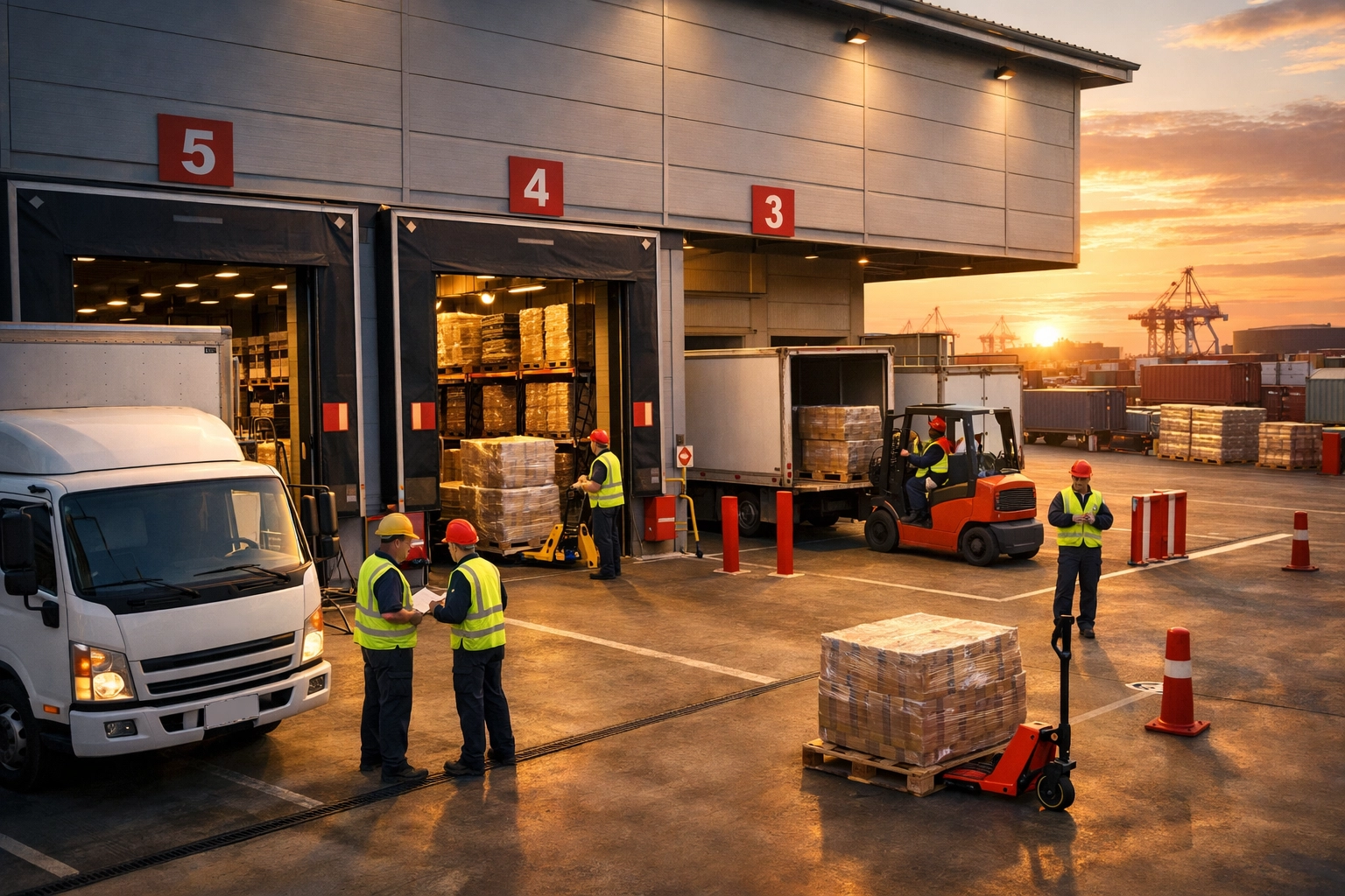 Warehouse fulfilment operations with loading docks and delivery trucks in Hertford