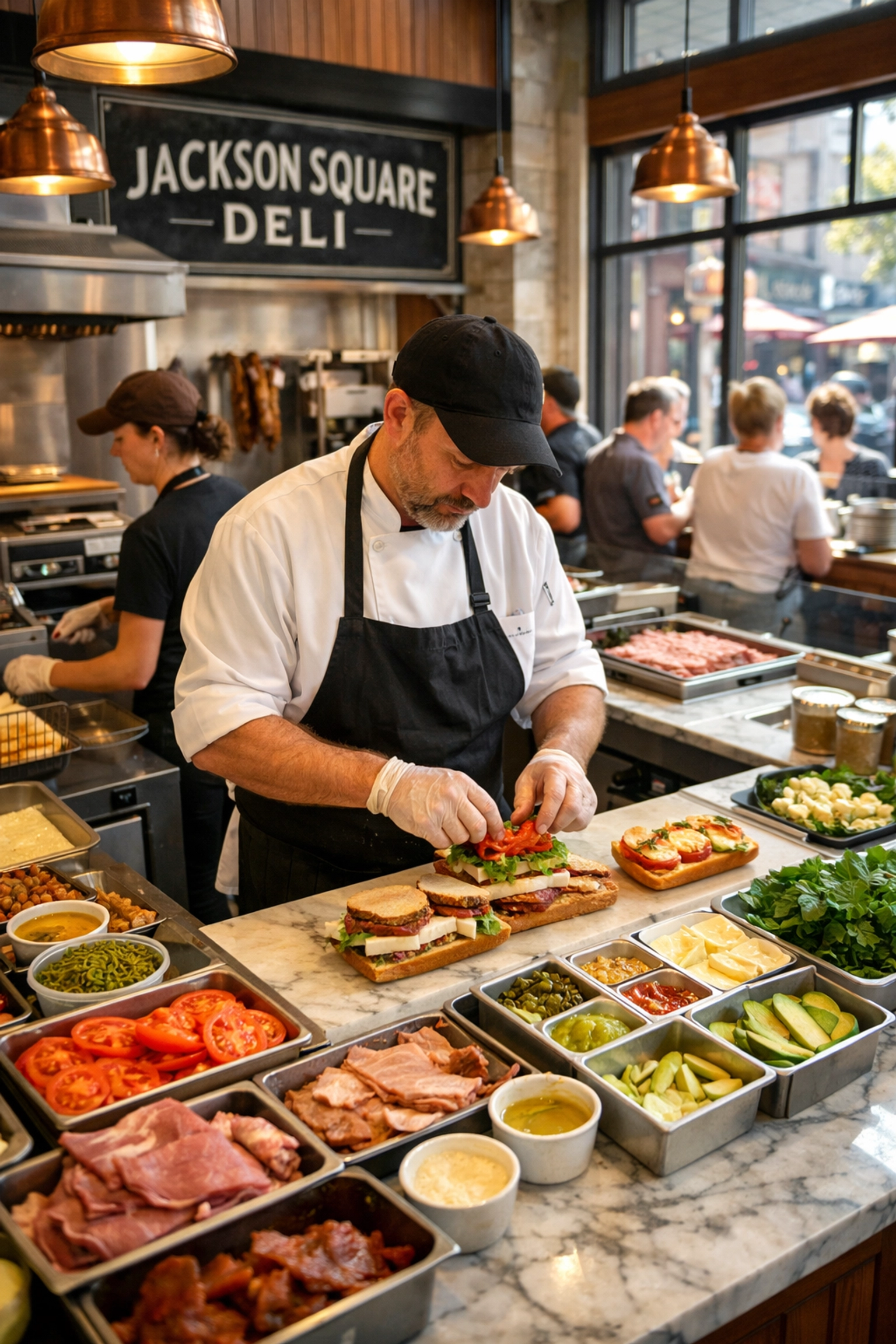Chef preparing artisan sandwiches at deli counter in Jackson Square