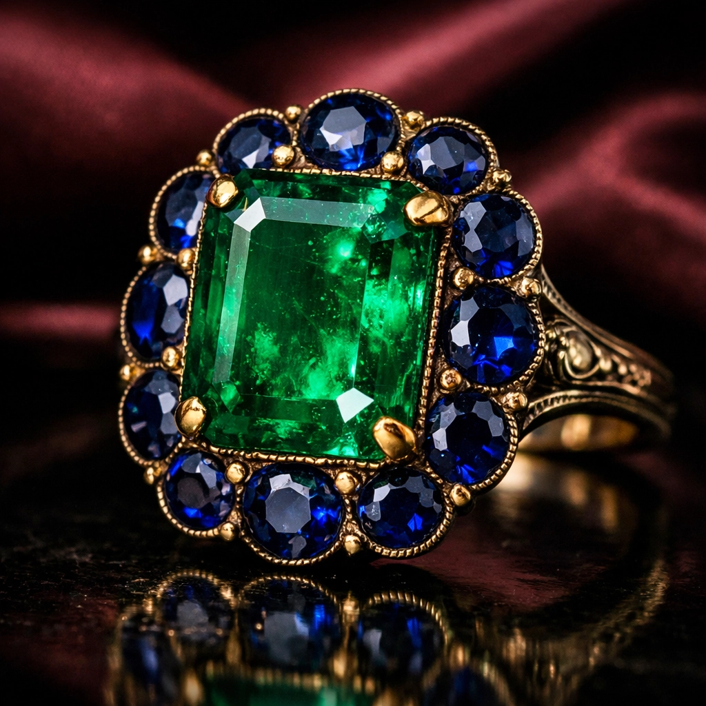 Vintage emerald and sapphire gemstone ring showing rich colors for a fine jewelry collection.