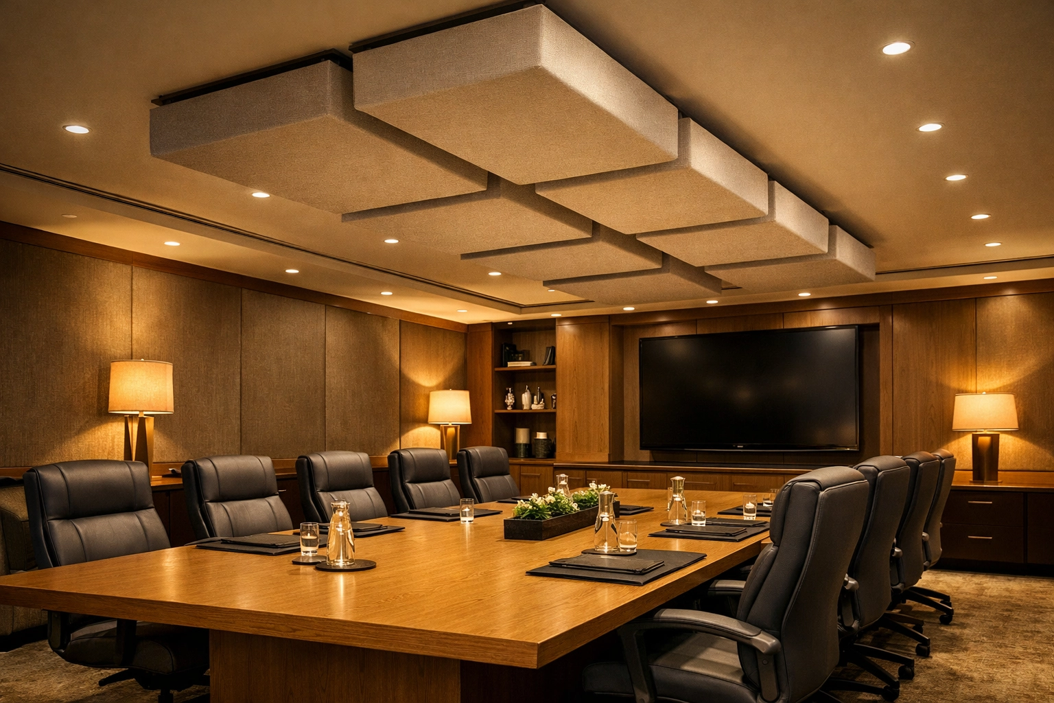 Rectangular acoustic cloud panels in a boardroom for improved speech clarity and noise reduction.