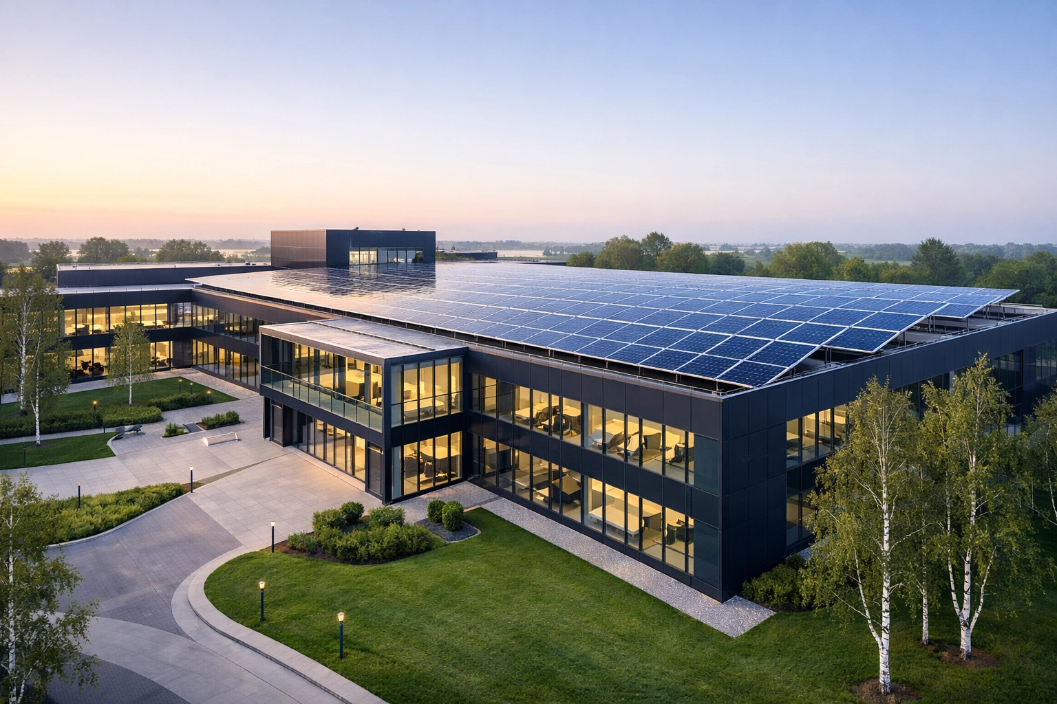 Modern commercial office building with rooftop solar panels providing immediate energy savings.