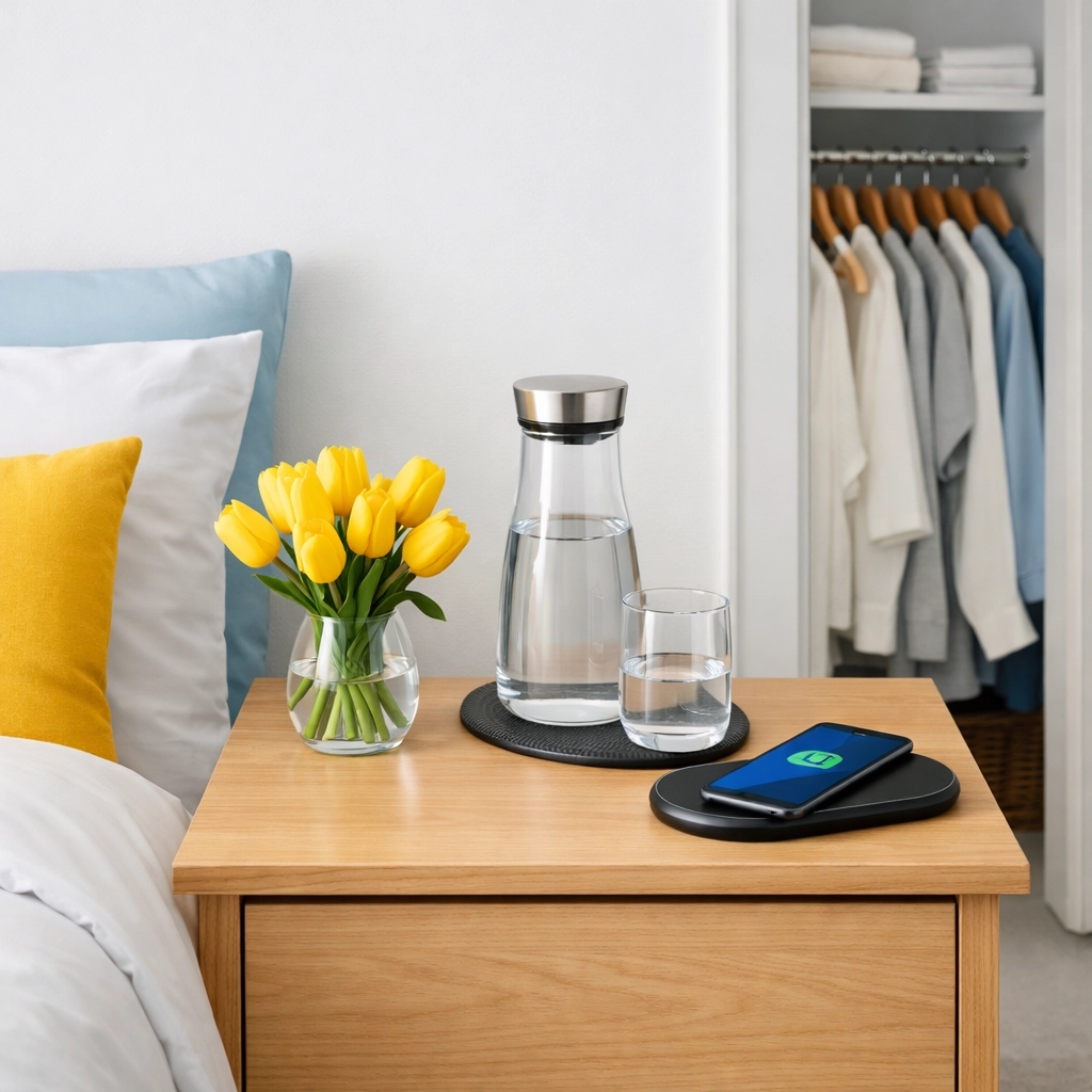 Neatly organized guest room nightstand and open closet with hangers, showcasing premium cleaning and preparation.