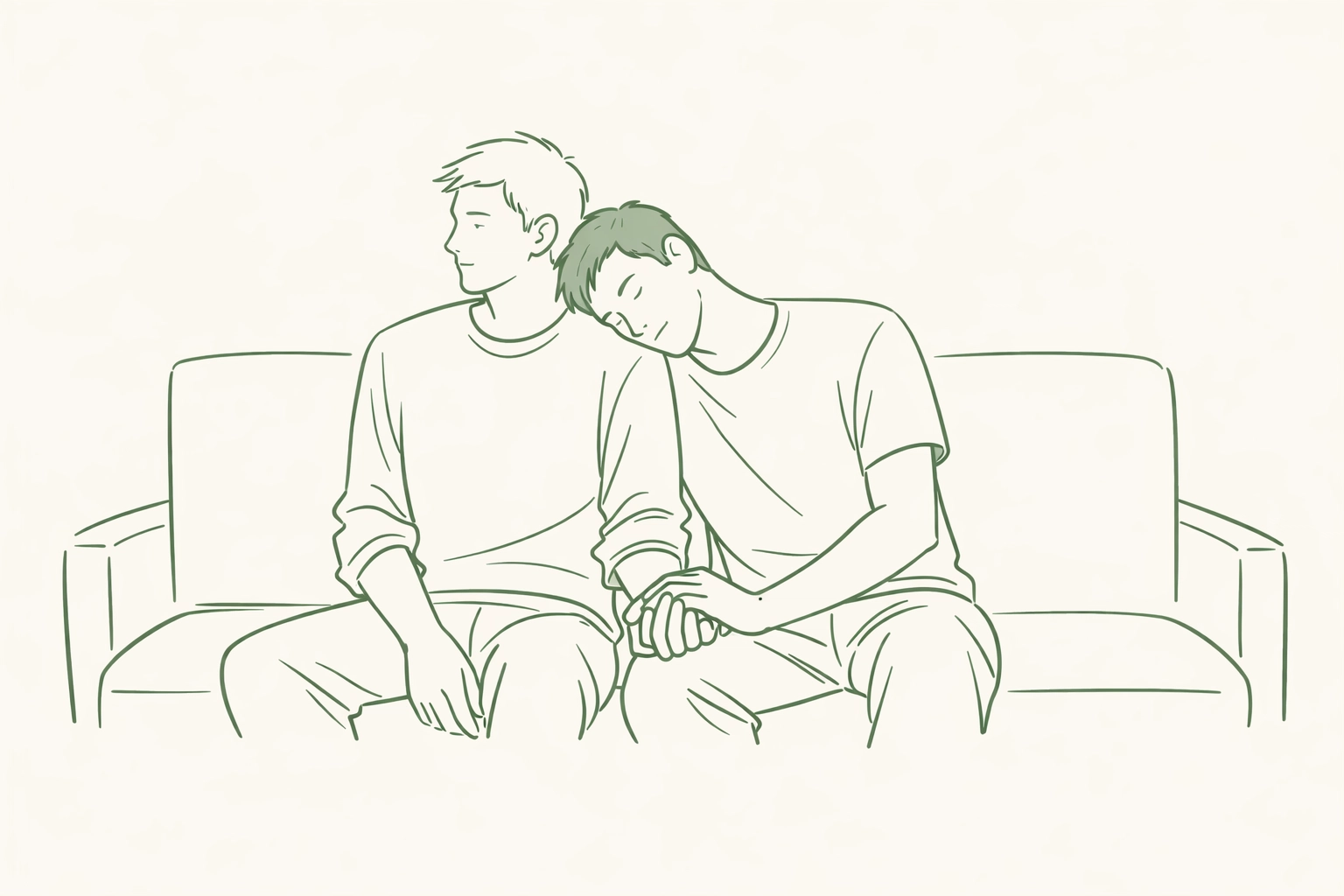 Minimalist drawing of two men sitting together, highlighting emotional connection in gay fiction and asexual romance.