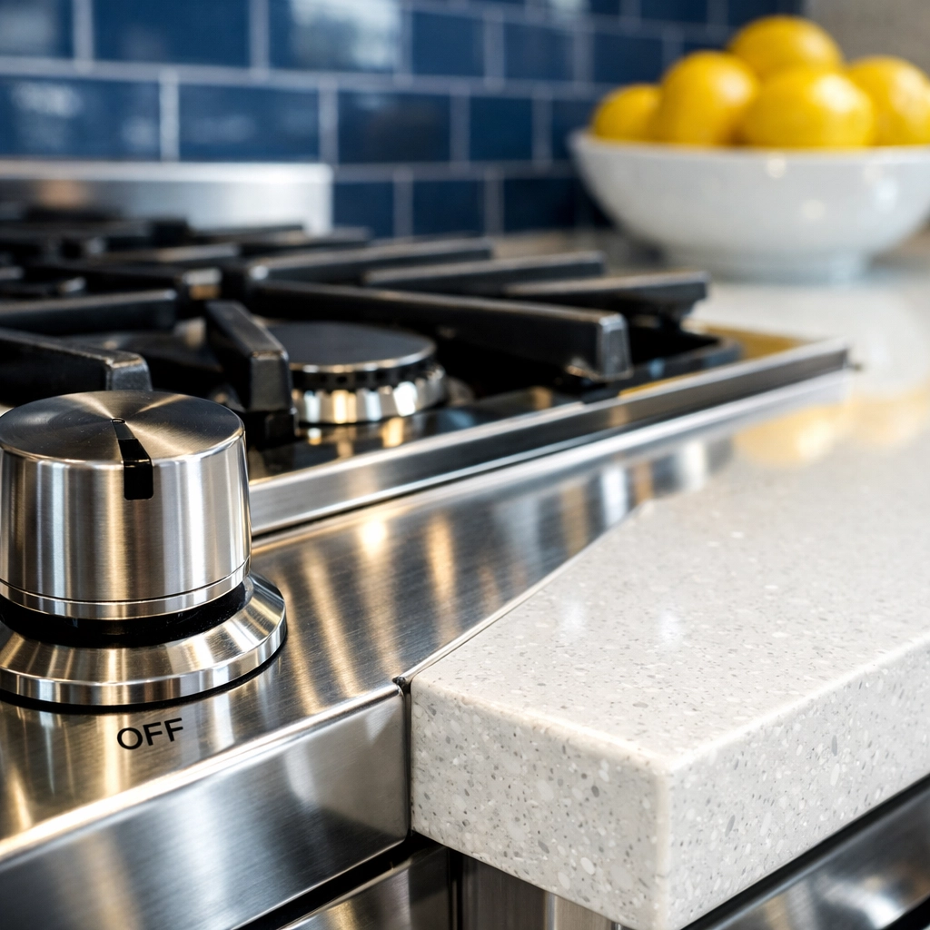Detailed deep cleaning of a sparkling Littleton kitchen stovetop and quartz countertop.