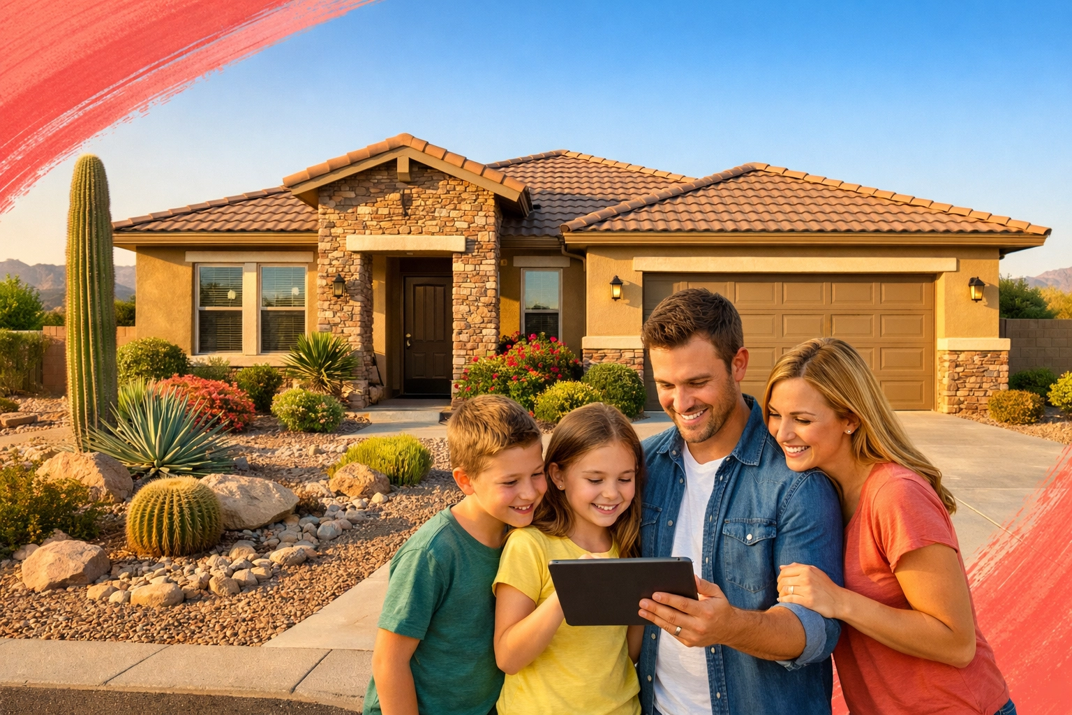 Family reviewing home listings in front of modern Surprise AZ home with desert landscaping