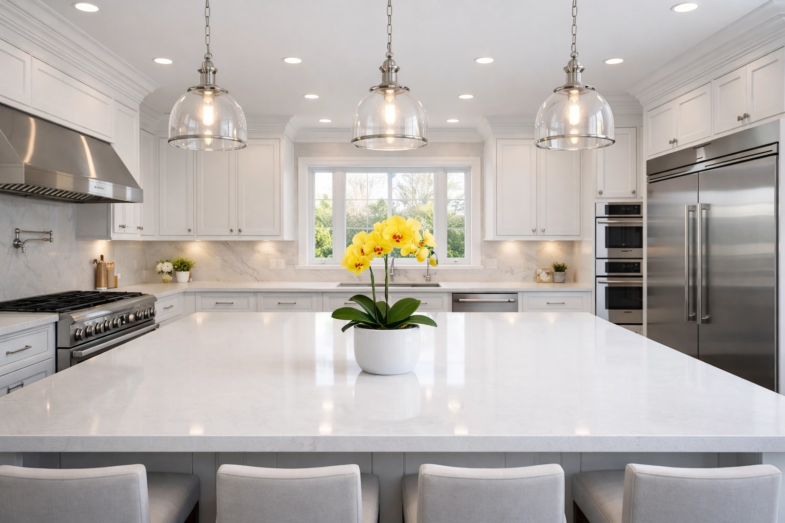 A pristine luxury kitchen reflecting the high standards of residential cleaning Massachusetts for large estates.