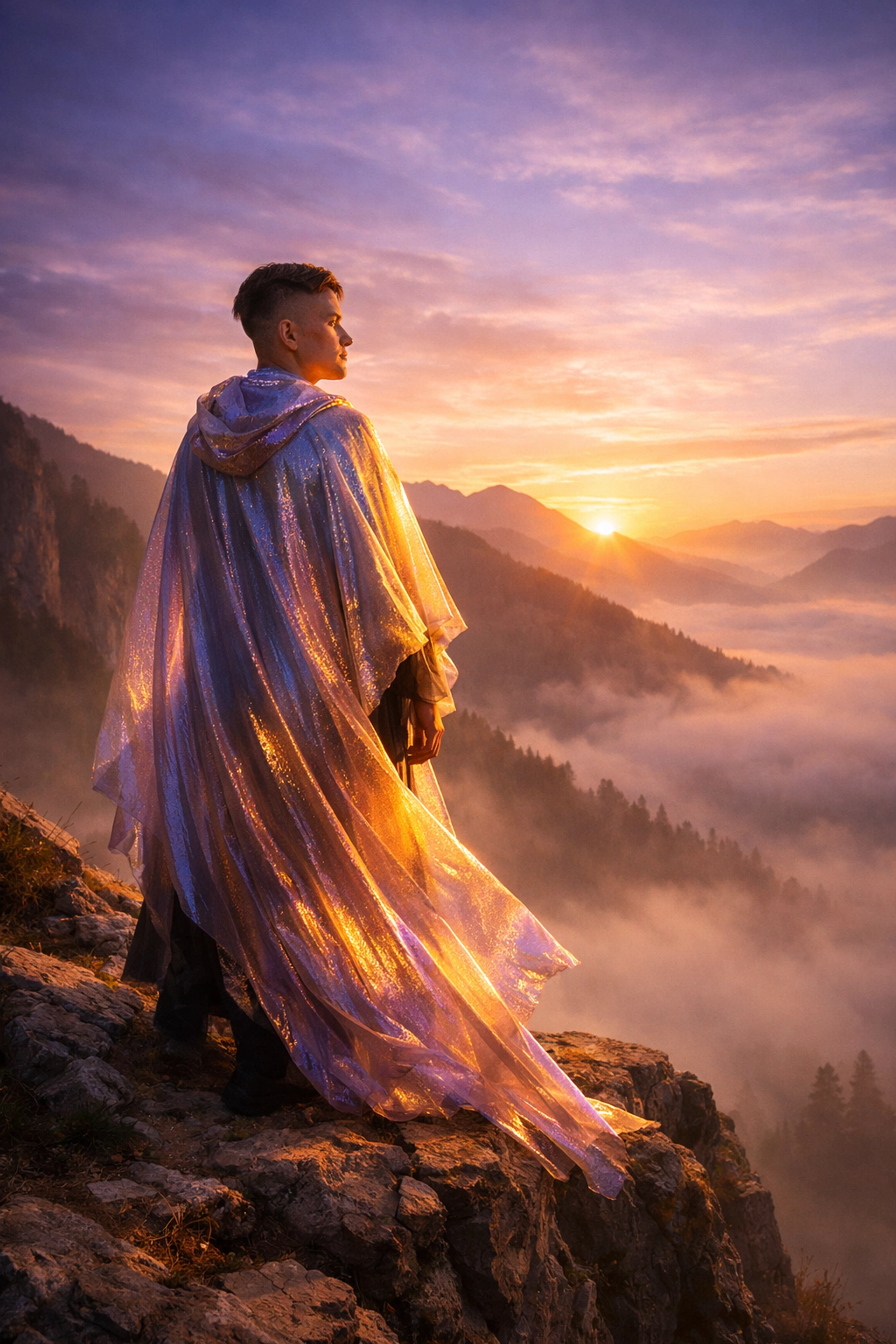 A queer person standing on a cliff at sunrise, symbolizing spiritual resilience and the journey of coming out.