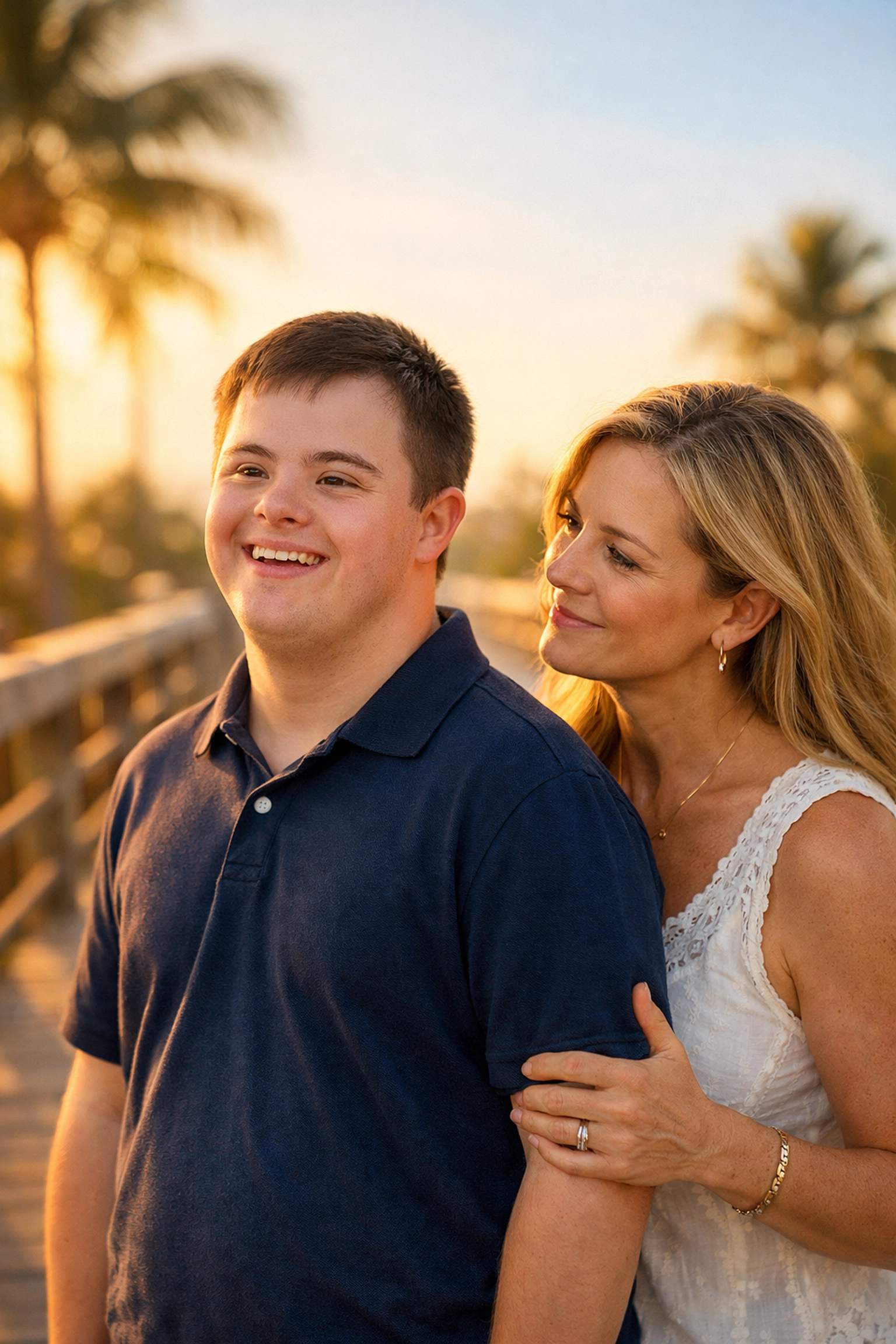 A mother and son on a Florida boardwalk, illustrating the need for special needs planning florida as children age.