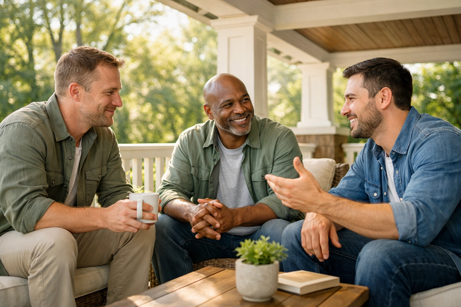 Men in recovery sharing a supportive conversation on the porch of a Nashville TN sober living house.