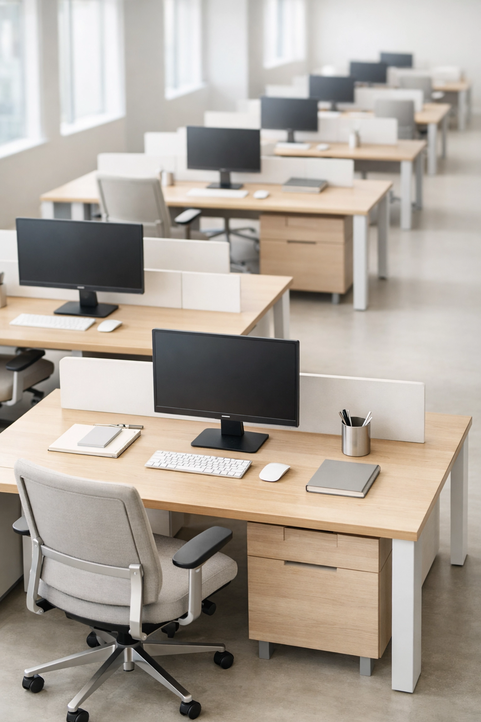 Organized workstations in a modern office suite for tax multi-office management.