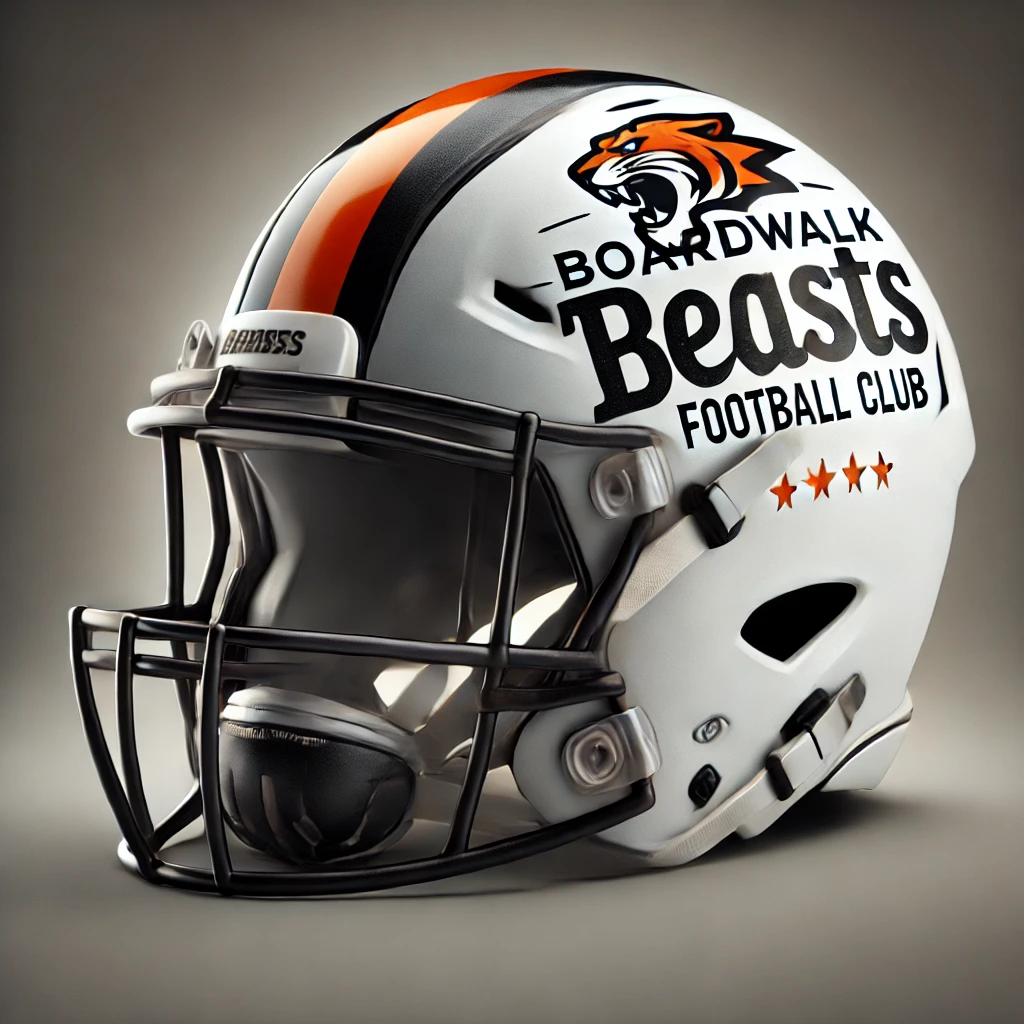 Boardwalk Beasts Football Club helmet Football helmet featuring a black facemask, a bold orange and black stripe down the center, and the team's logo with a roaring beast and four stars on the side.
