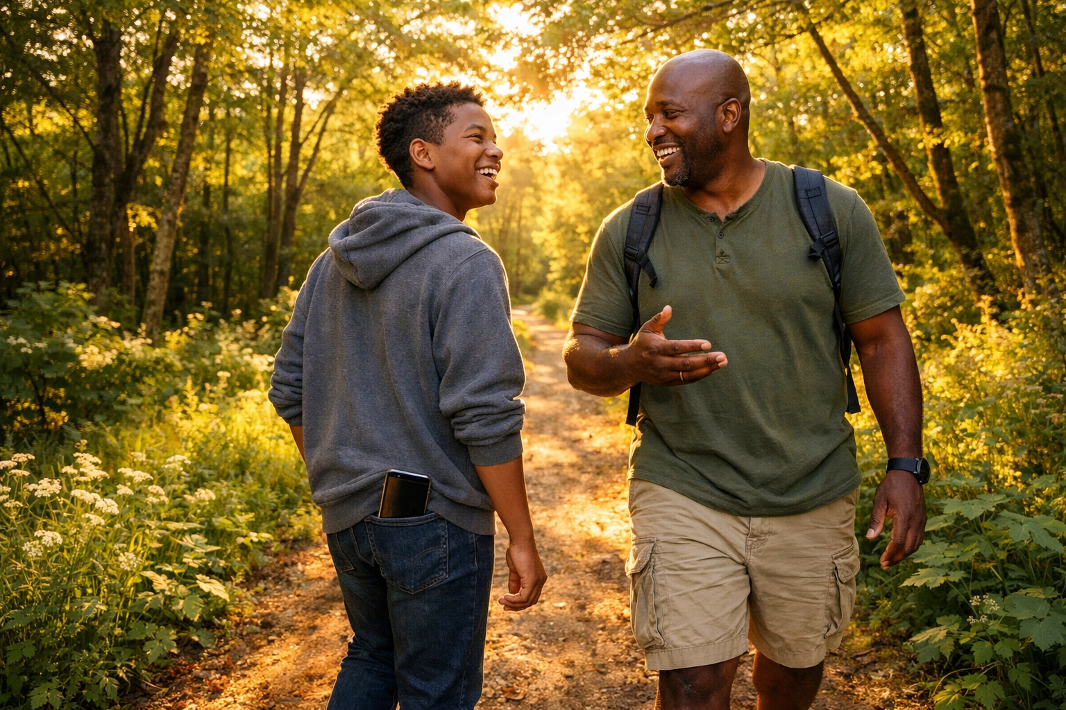 A Black father and teenage son bonding outdoors to overcome digital isolation and build family connection.