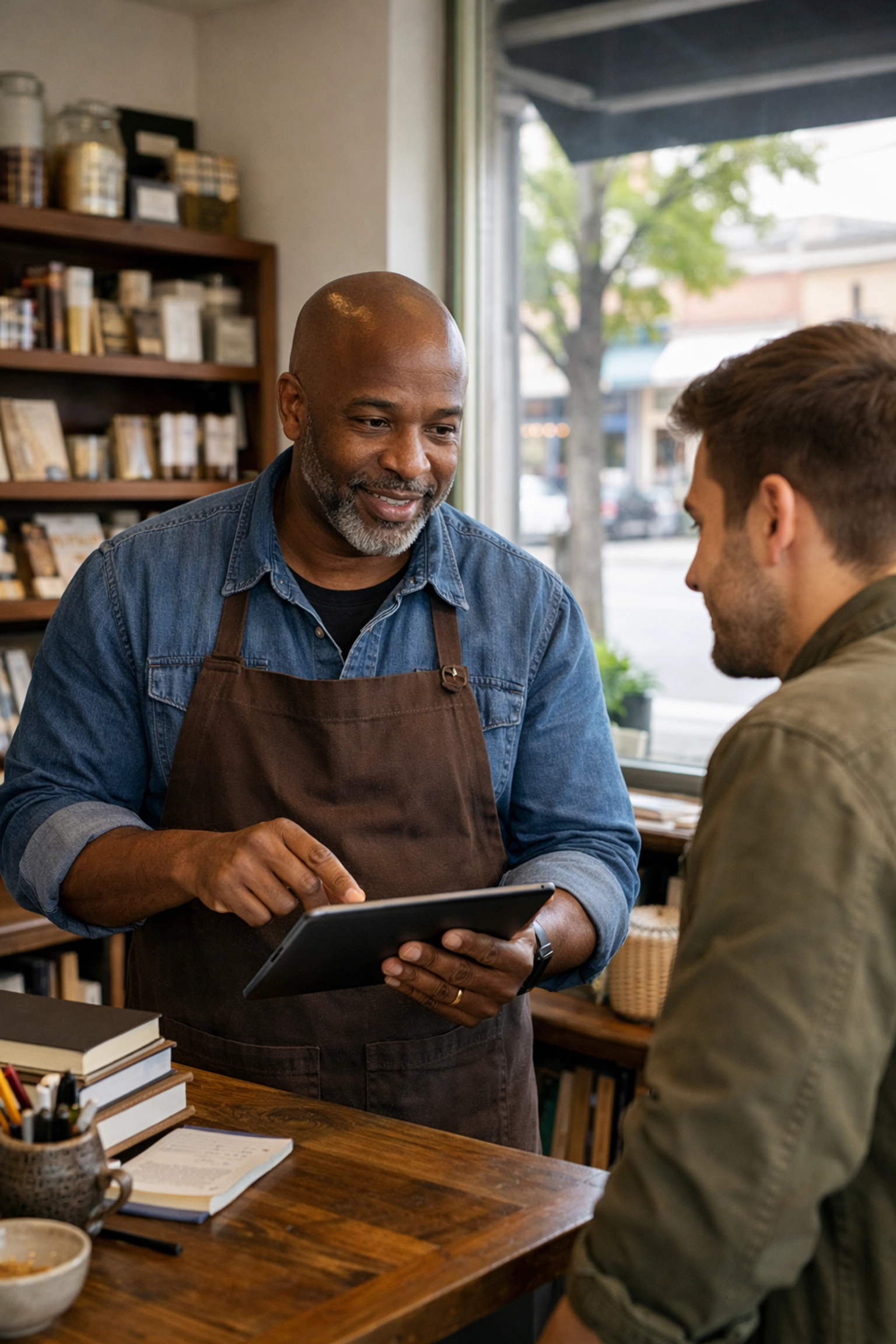Business owner using tech for Black diaspora economic empowerment in a local community.