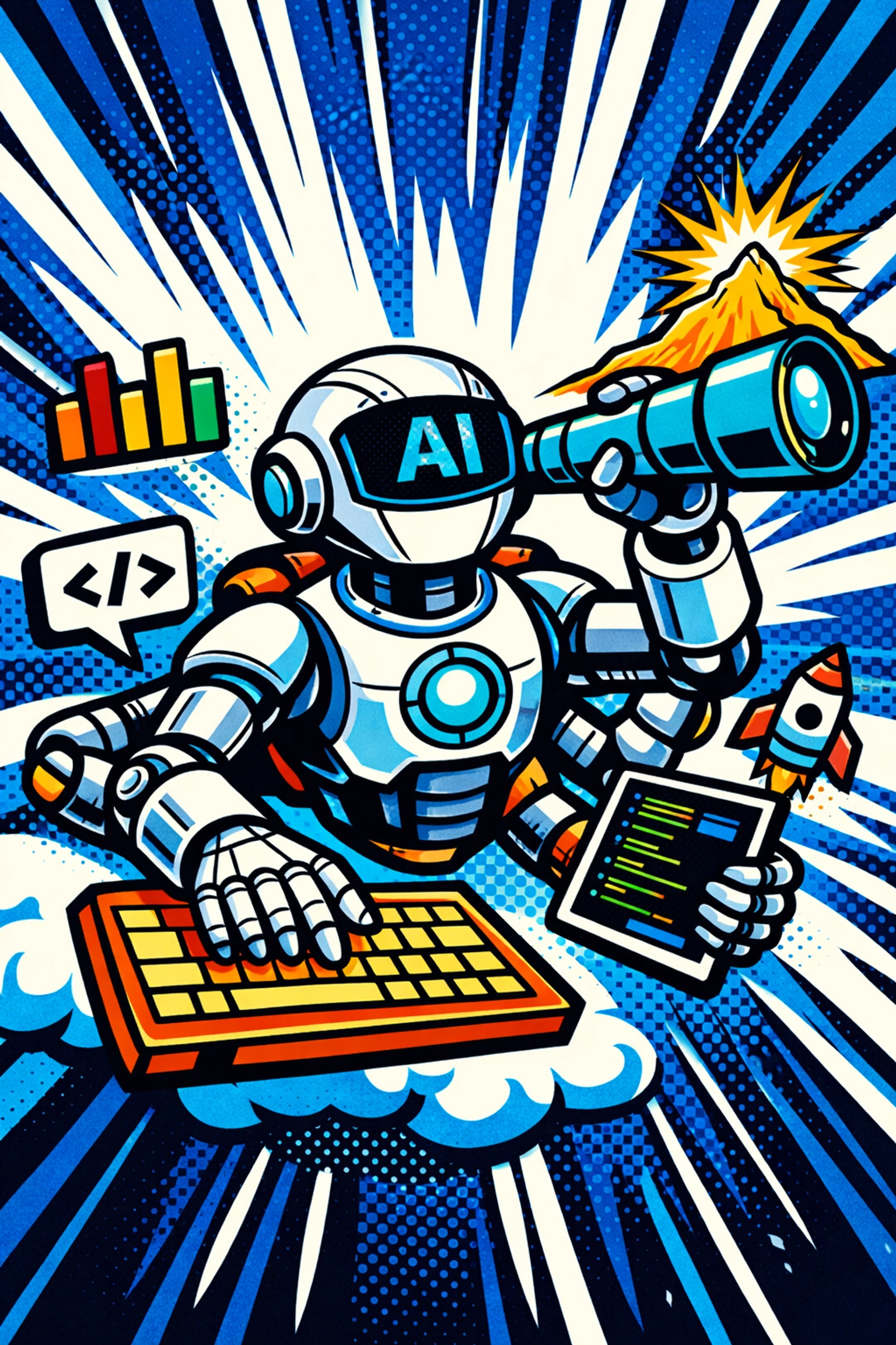 Multi-armed AI robot managing SEO data and digital workflows as a powerful business automation hack.