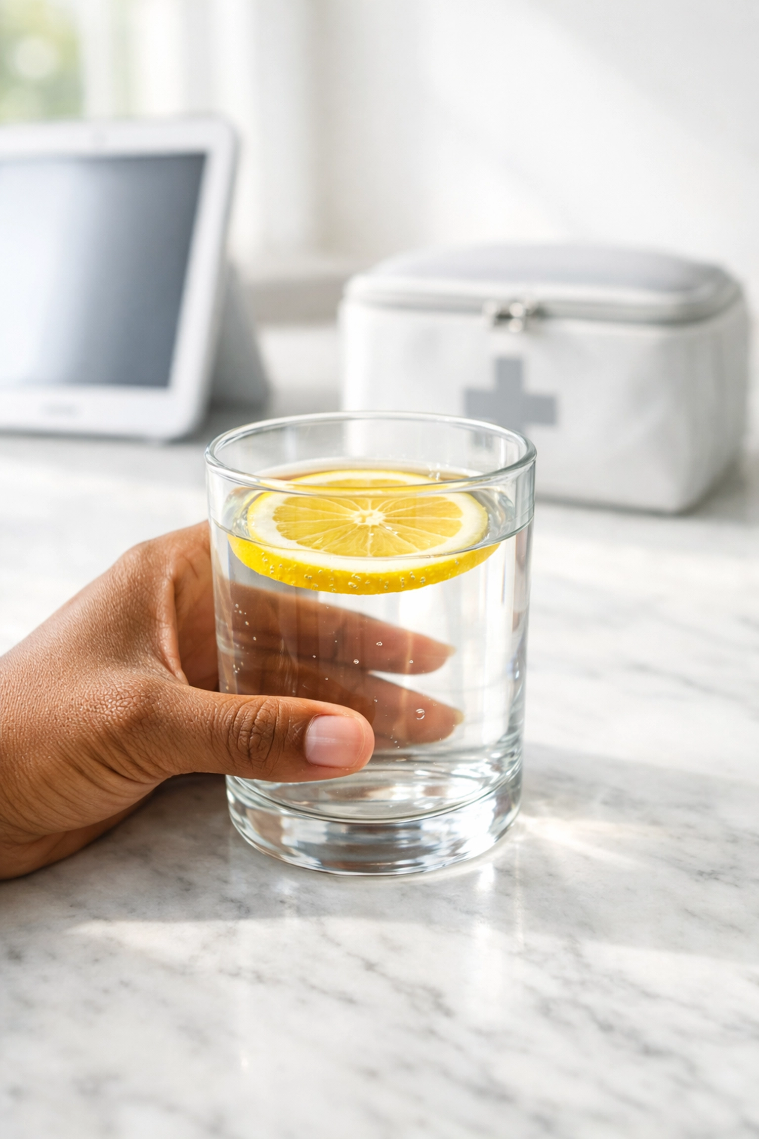 Person holding a glass of water next to a medical kit, illustrating hydration during medical weight loss.