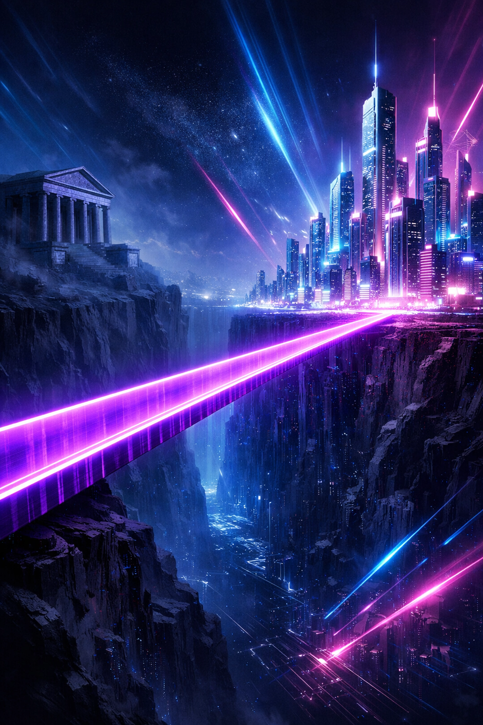 A futuristic neon bridge spanning a digital canyon to close the campus-to-career gap for students.