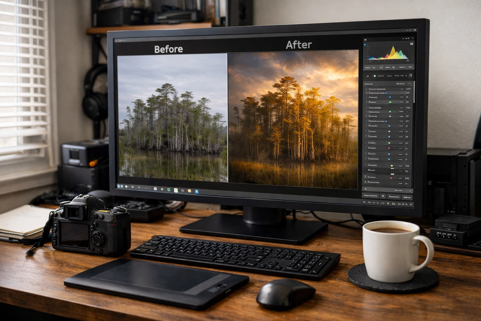 Fine art photography editing using Lightroom presets on an Everglades landscape for museum-quality results.