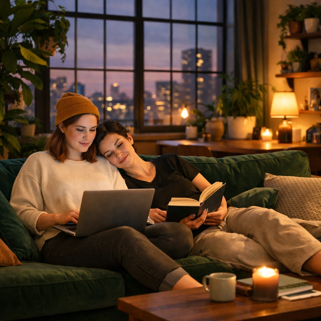 A lesbian couple working and reading in a modern coliving space, showing the balance of a queer remote worker life.