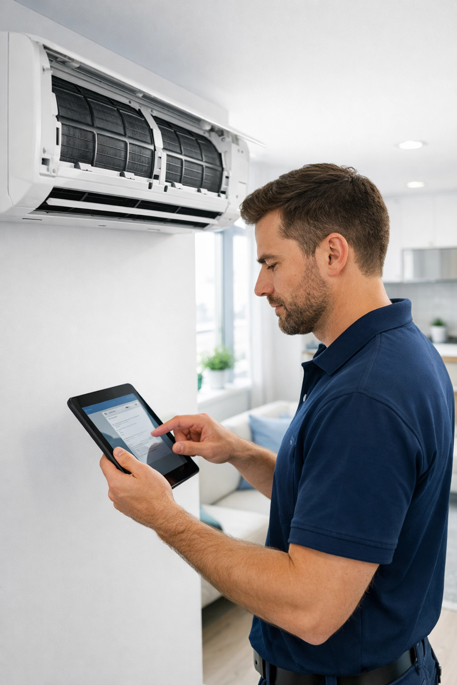 Maintenance technician conducting proactive HVAC inspection in apartment to reduce turnover time