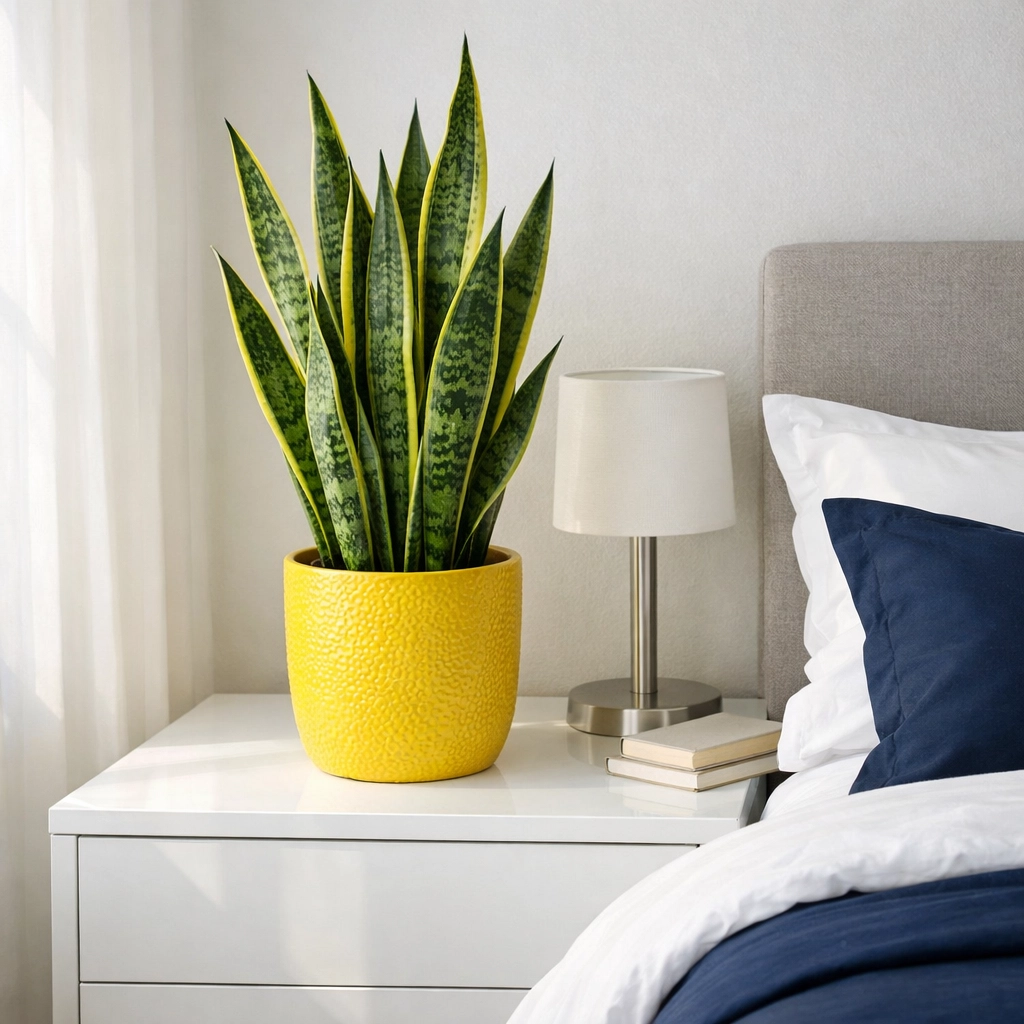 A healthy Snake Plant in a bedroom, a natural air purifier to improve indoor air quality and reduce toxins.