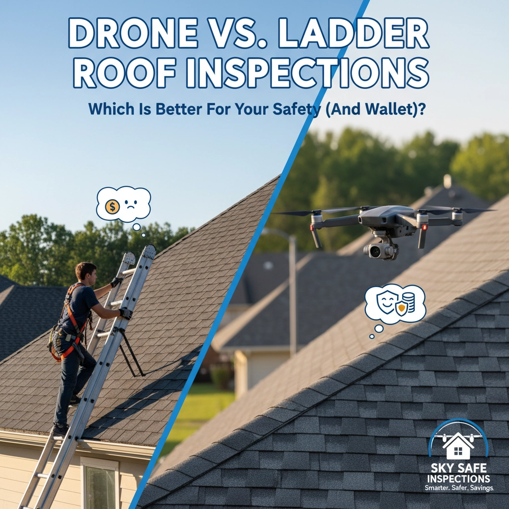 Drone inspecting a roof safely from the ground