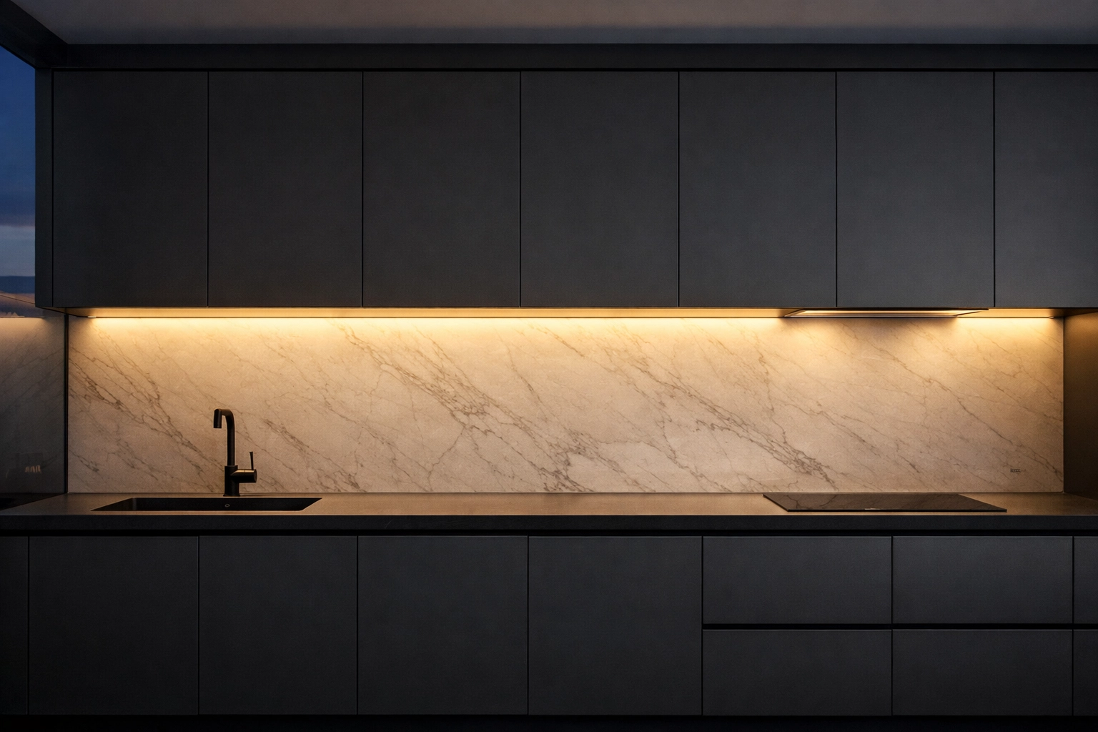 Modern kitchen with integrated under-cabinet LED lighting and elegant marble backsplash.