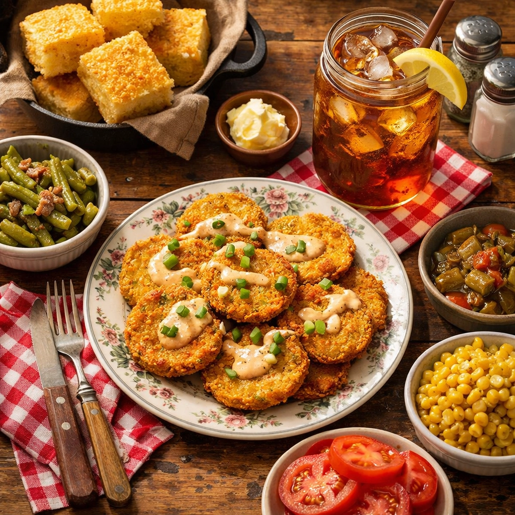 Southern comfort food lunch with fried green tomatoes and sweet tea in Summerville SC