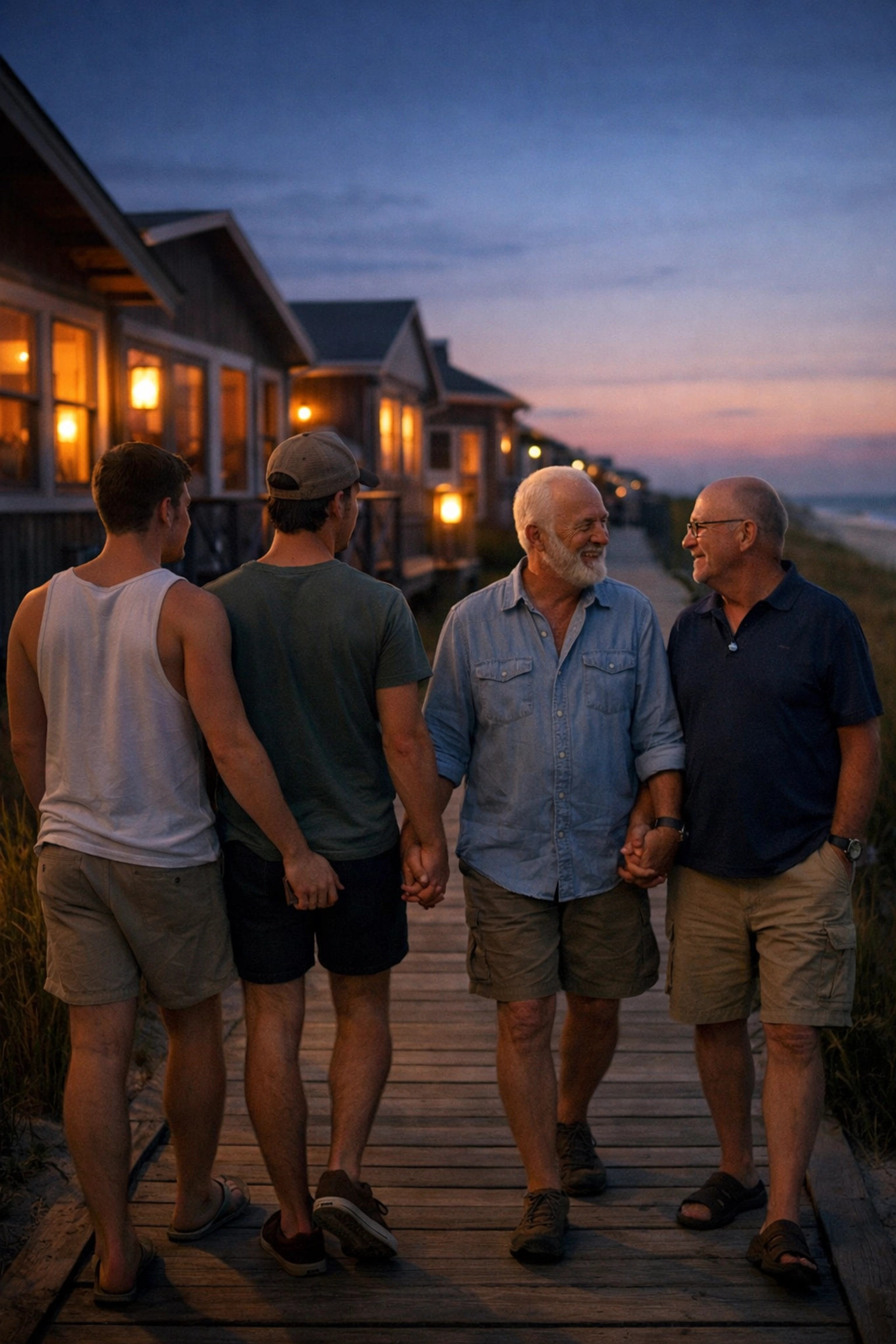 Gay couples of different generations walking Fire Island boardwalk