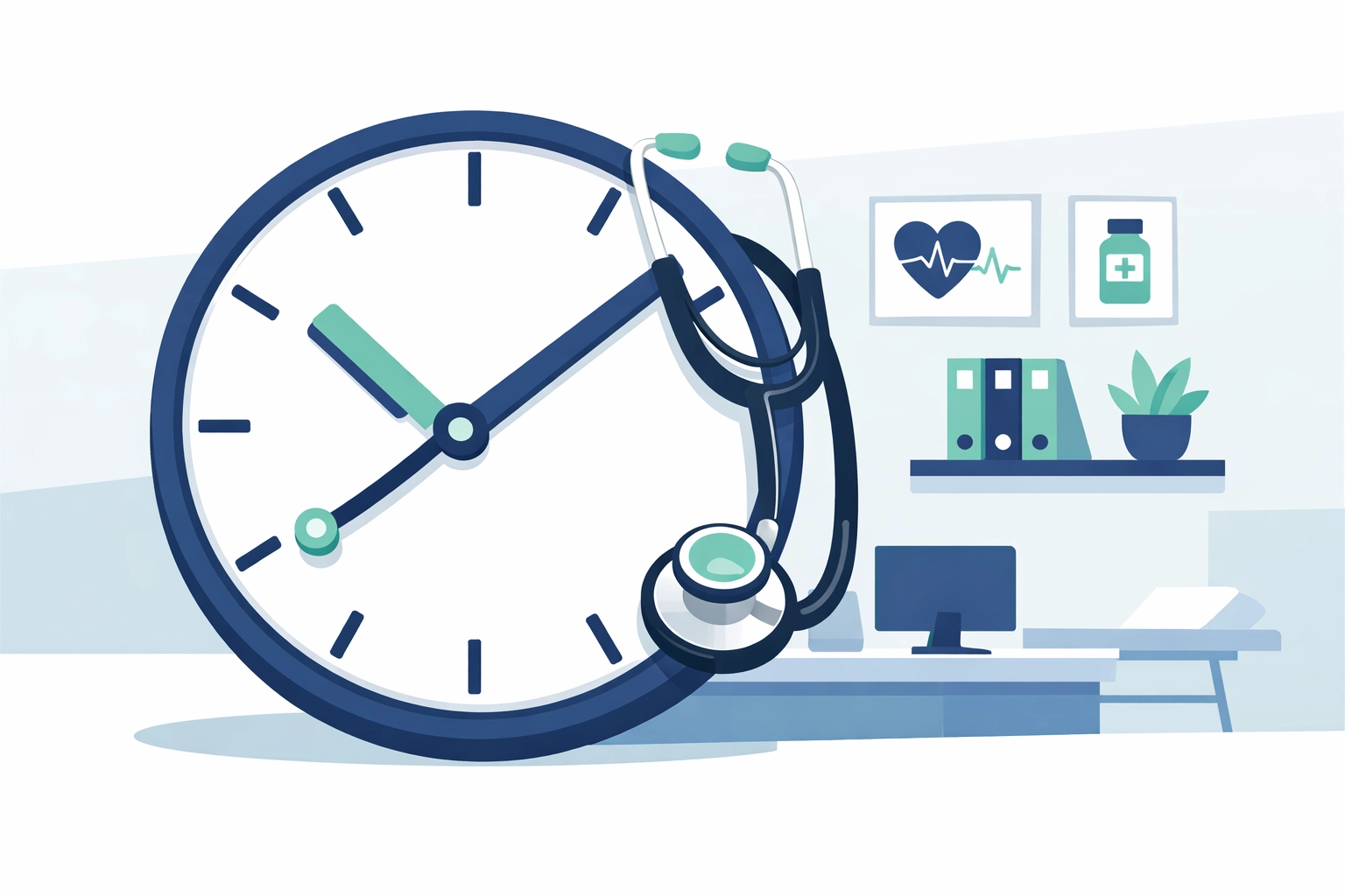 A minimalist clock and stethoscope illustrating the shift to longer 15-minute GP appointments.