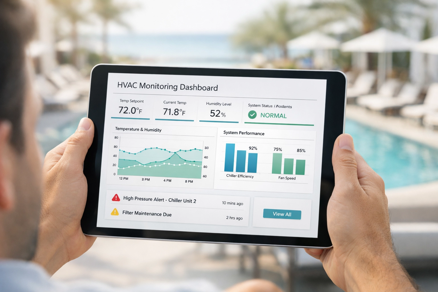 Smart HVAC monitoring dashboard showing real-time performance data at Hawaii resort