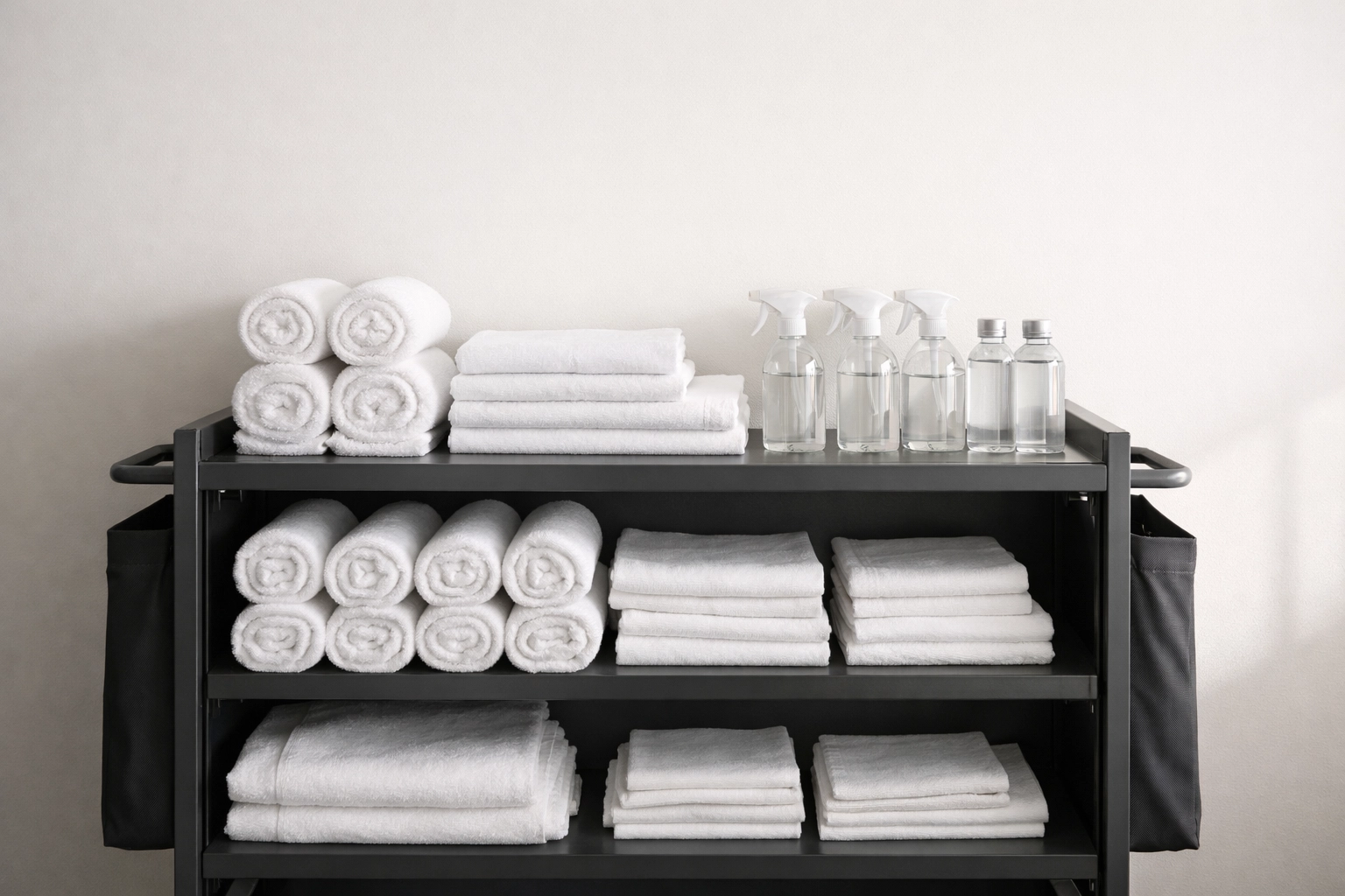 Organized hotel housekeeping cart stocked with linens and supplies to improve cleaning efficiency.