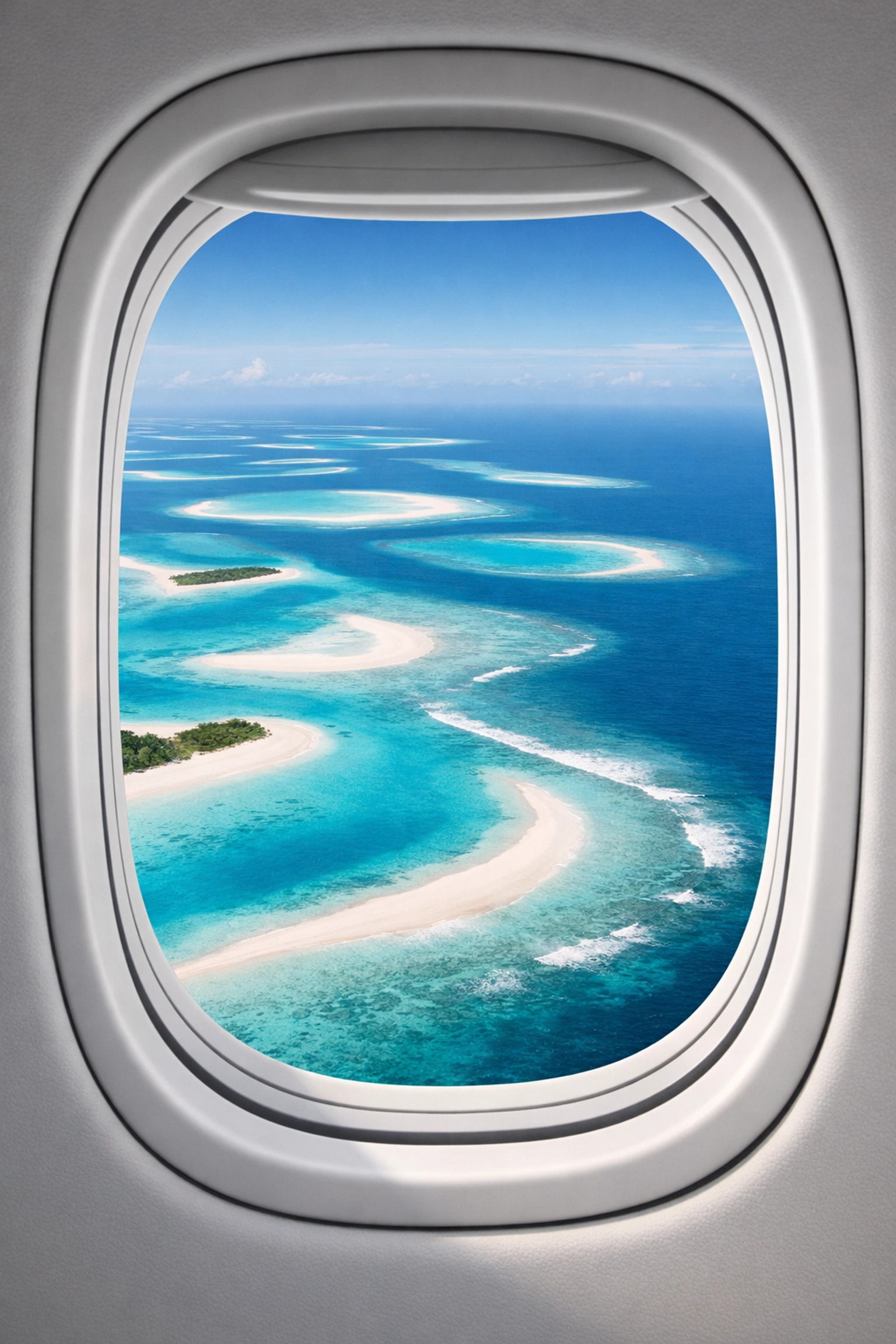 Stunning aerial view of turquoise ocean atolls from a private jet window.