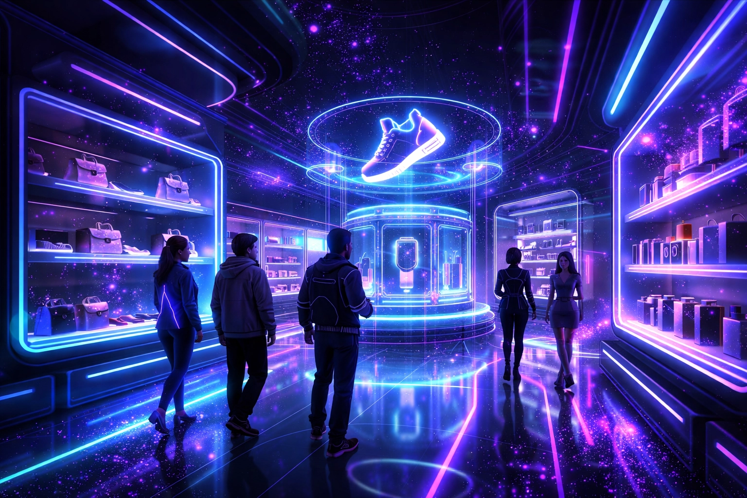 Virtual metaverse retail store with holographic displays and avatars shopping together, showcasing immersive Web3 commerce