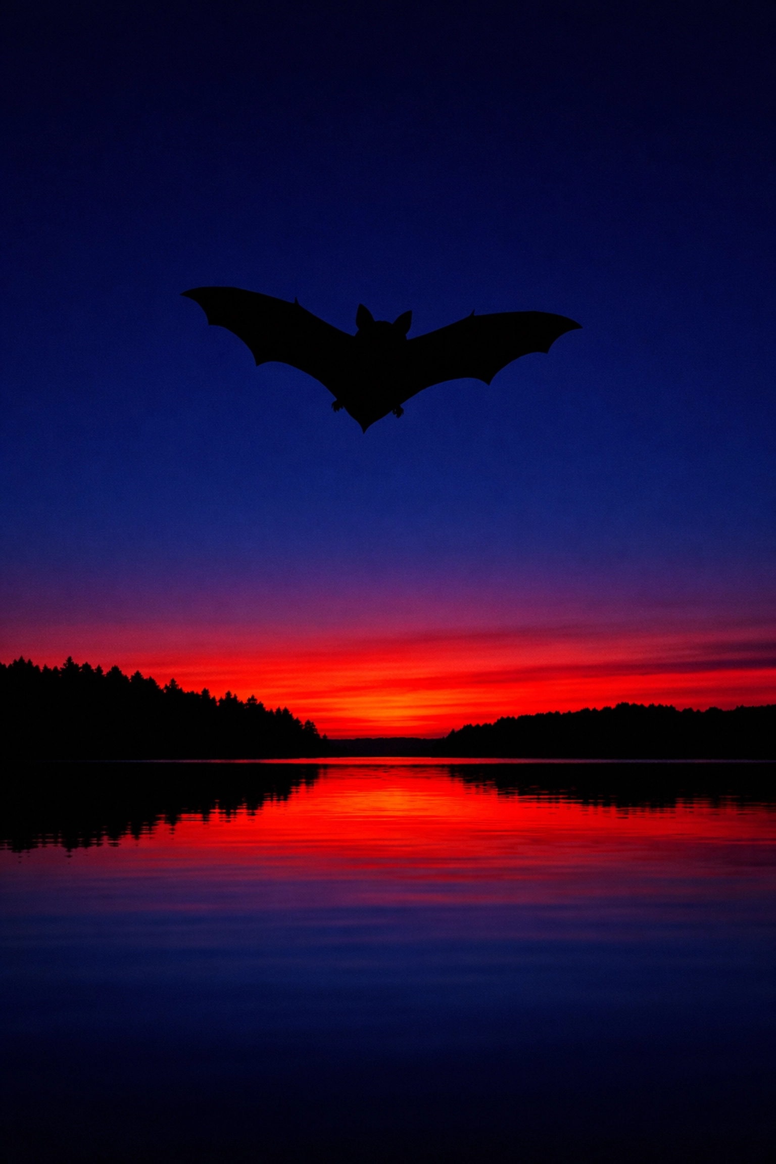 A Little Brown Bat silhouetted over a lake, illustrating eco-friendly wildlife protection and stewardship.