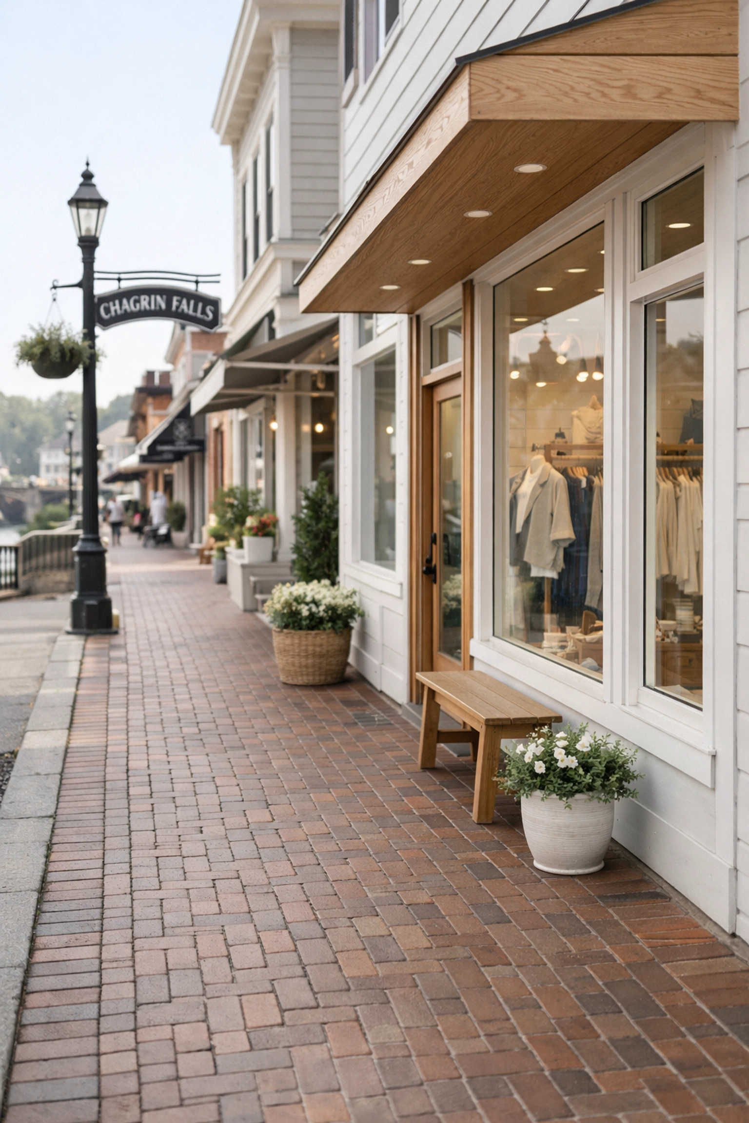 Walkable brick-lined sidewalk and boutique storefronts in the charming downtown area of Chagrin Falls.