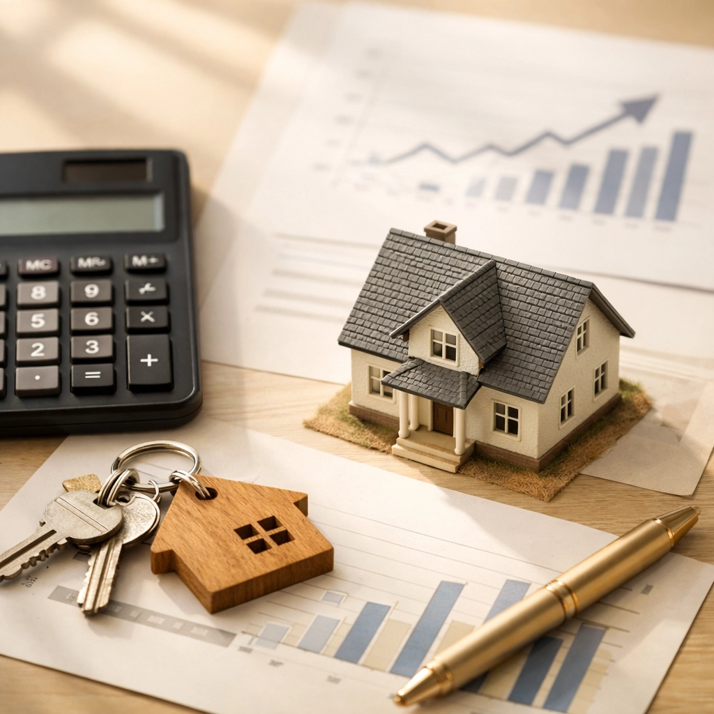 Home buying financial planning with calculator, house keys, and growth charts
