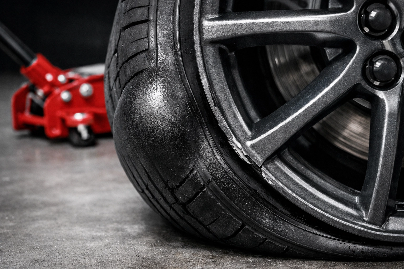 Close-up of a damaged car tire with a sidewall bulge and bent rim after hitting a pothole in Bear, DE.