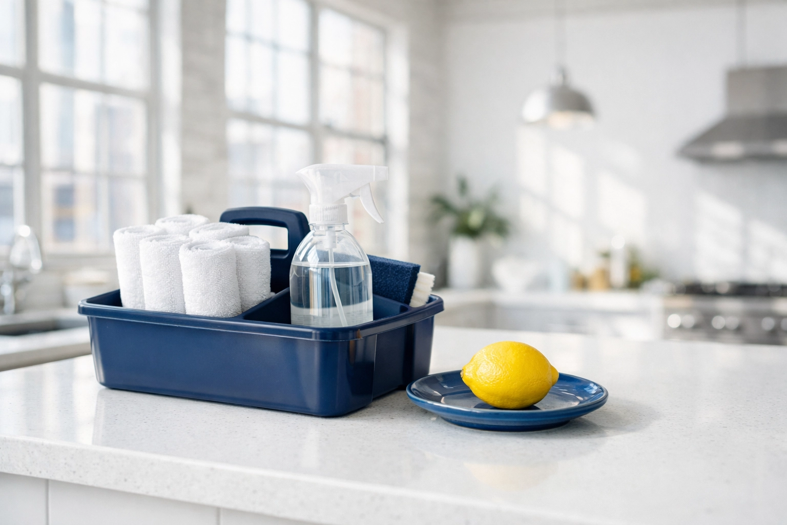 Professional eco-friendly kit for deep cleaning Worcester homes in a modern bright kitchen.